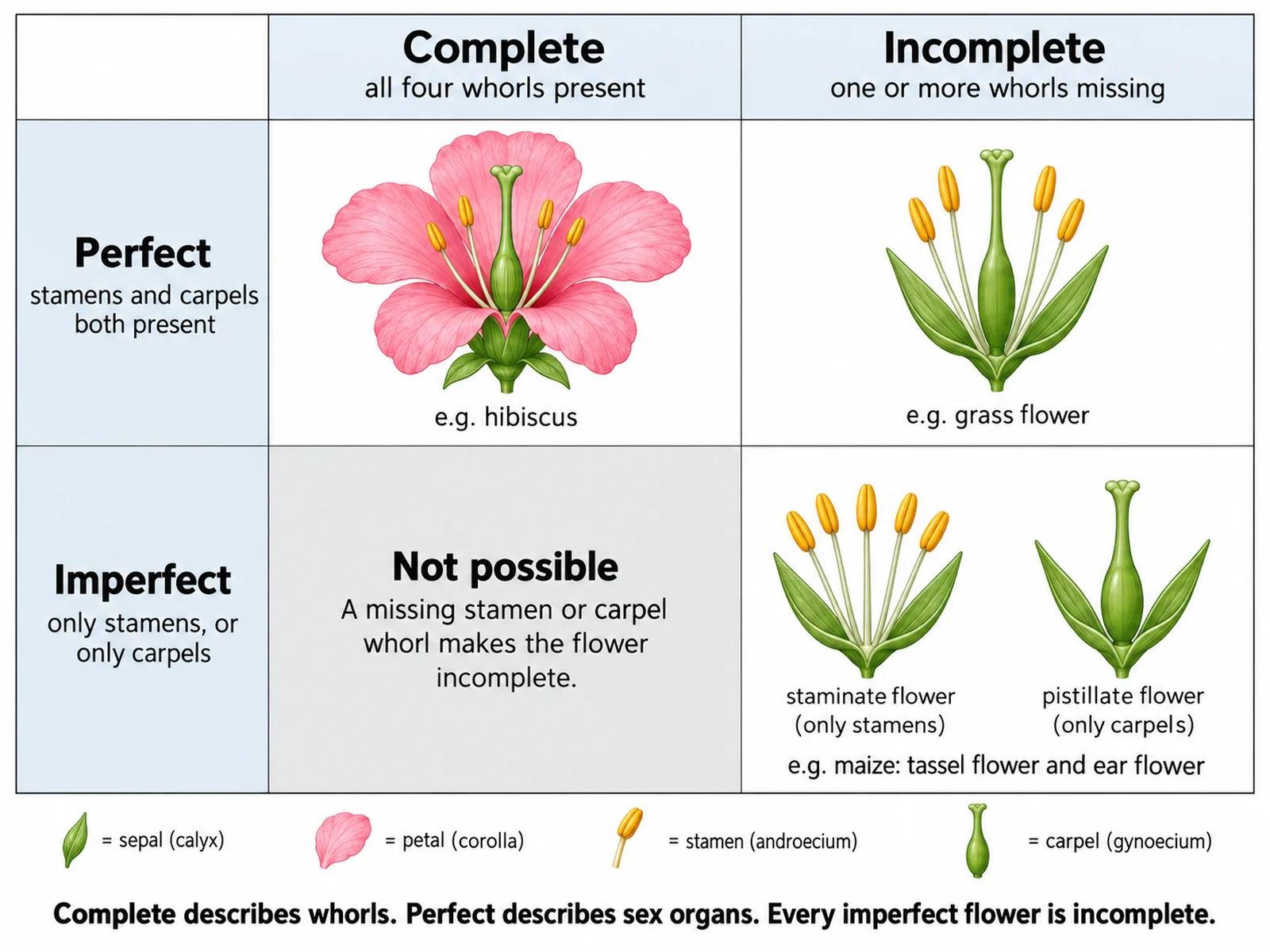 Vergleichsschaubild, das vollständige, unvollständige, zwittrige und eingeschlechtige Blüten mit Beispielzeichnungen erklärt