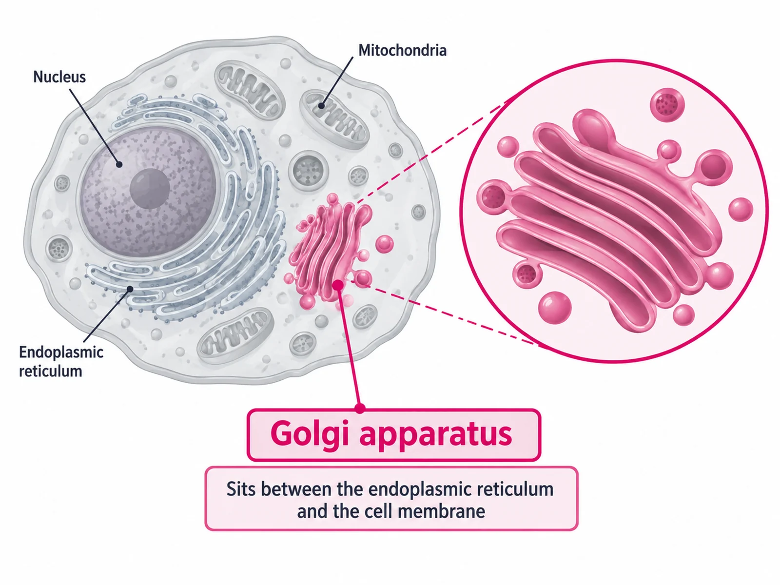 Animal cell diagram with the Golgi apparatus highlighted in position between the nucleus and the cell membrane