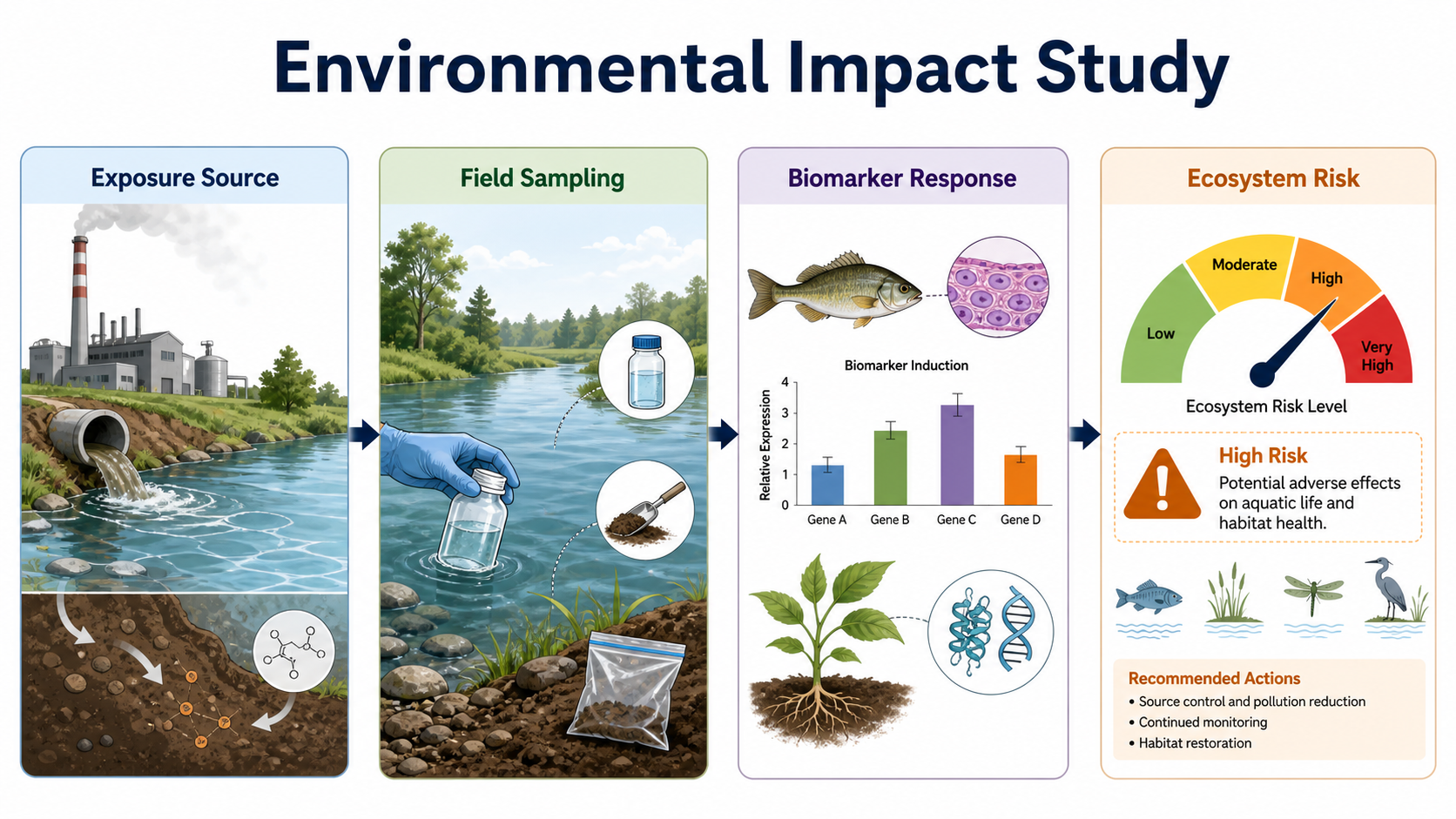 Graphical abstract showing exposure source, ecosystem sampling, biomarker response, data analysis, and risk interpretation