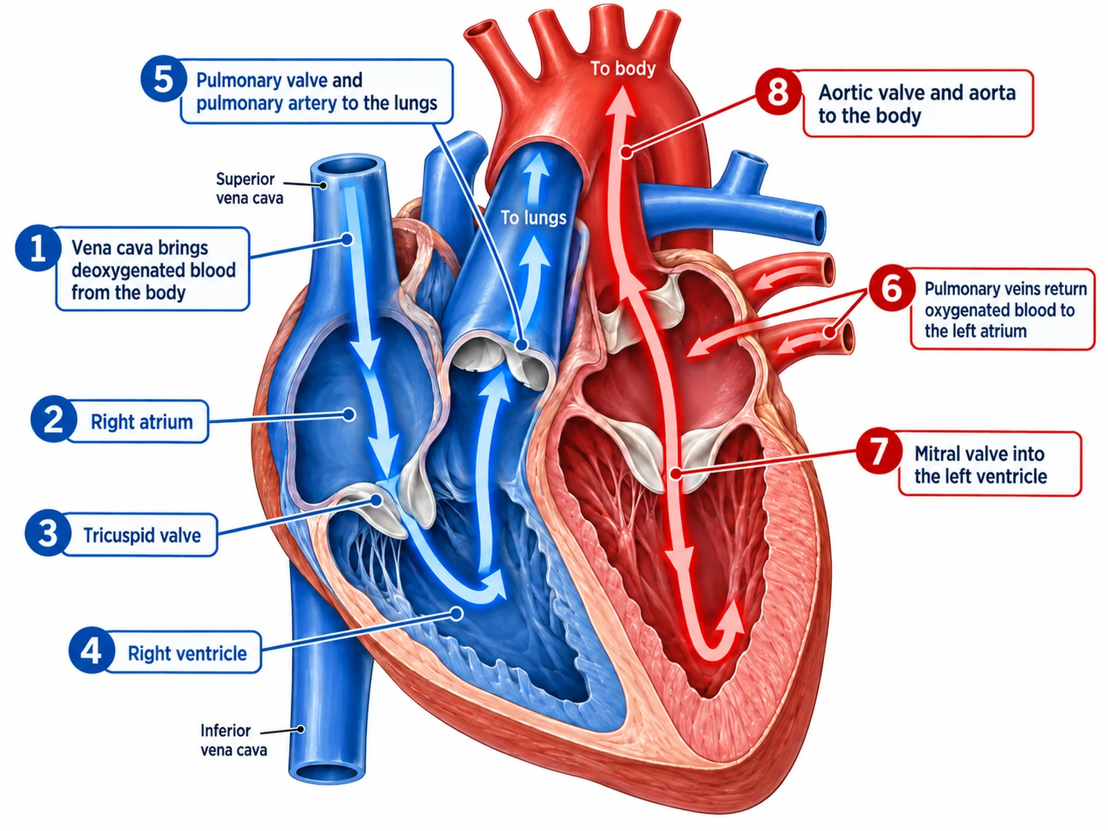 Heart diagram tracing the numbered path of blood from the vena cava through both sides of the heart to the aorta