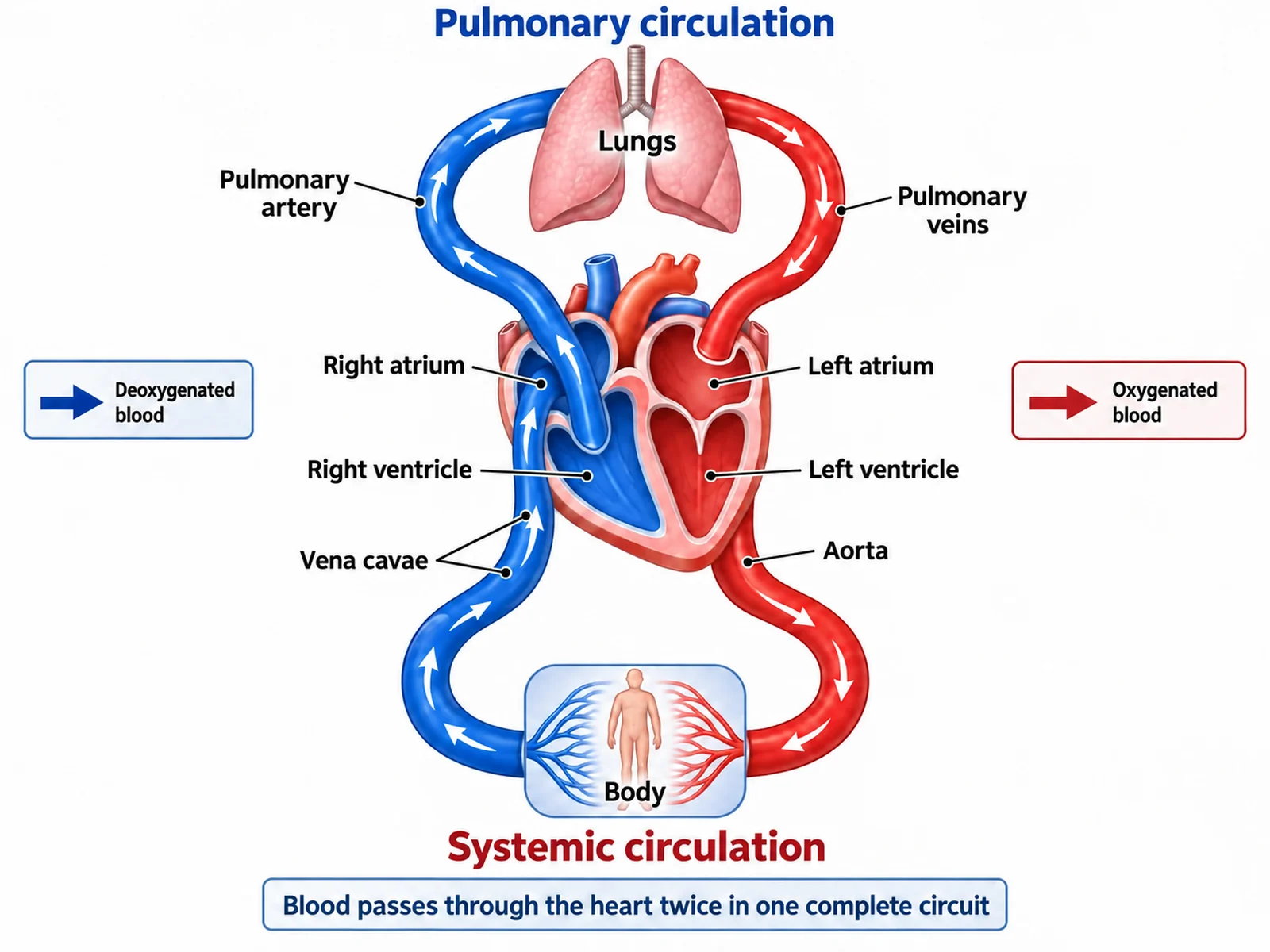 Double circulation diagram showing the pulmonary and systemic circuits passing through the heart twice in one complete circuit