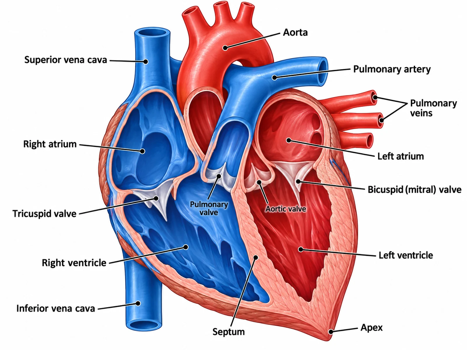 Labeled human heart diagram naming the four chambers, the tricuspid, pulmonary, mitral, and aortic valves, the vena cavae, pulmonary artery, pulmonary veins, aorta, septum, and apex