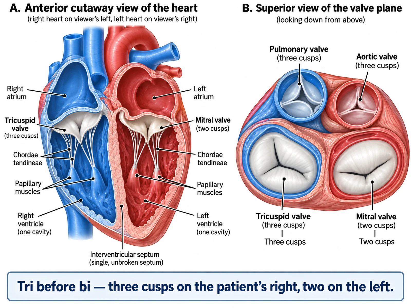 Detailed heart valve diagram showing the tricuspid, mitral, pulmonary, and aortic valves with chordae tendineae and papillary muscles