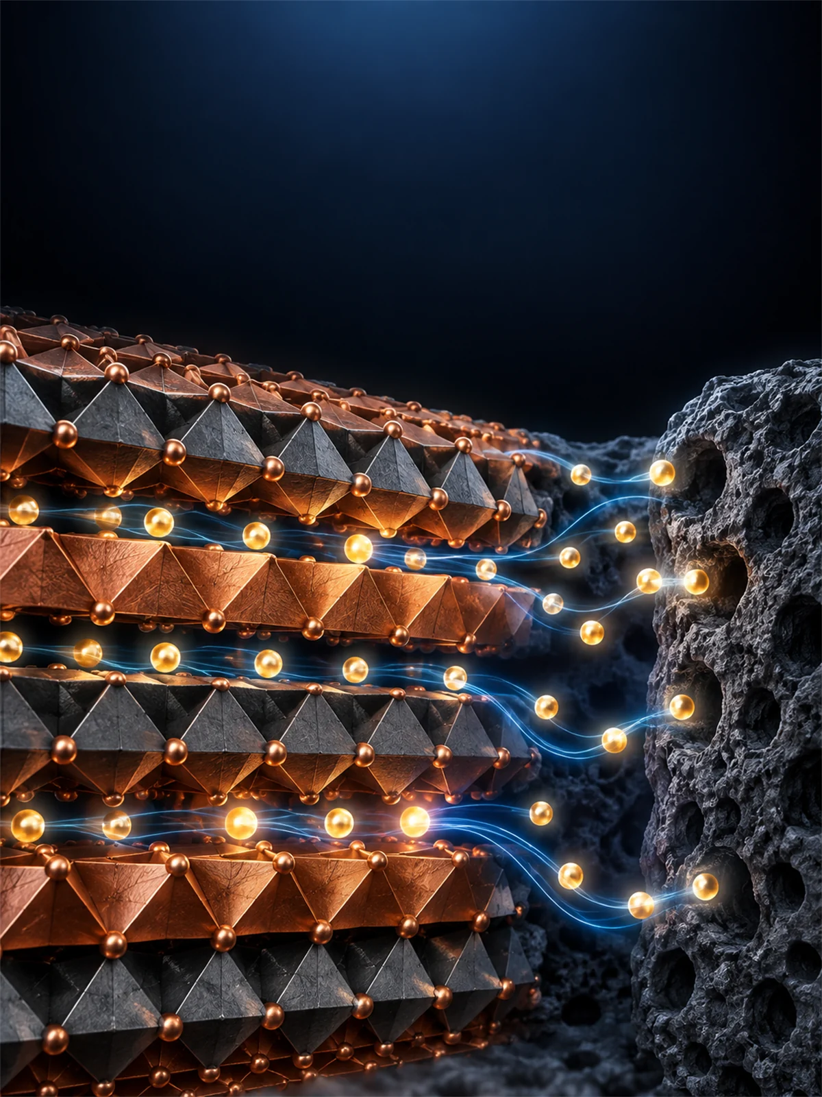 Portrait journal cover art showing a battery electrode cross-section with lithium ions moving between layers