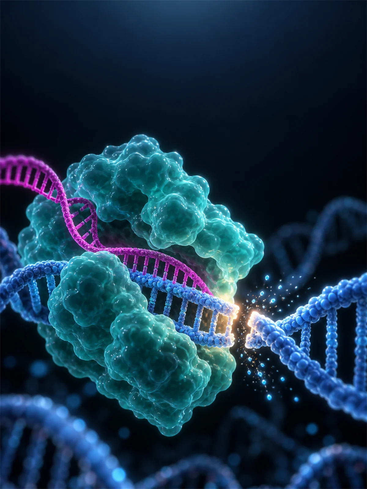 Portrait journal cover art showing a Cas9 protein bound to a DNA double helix at a cut site