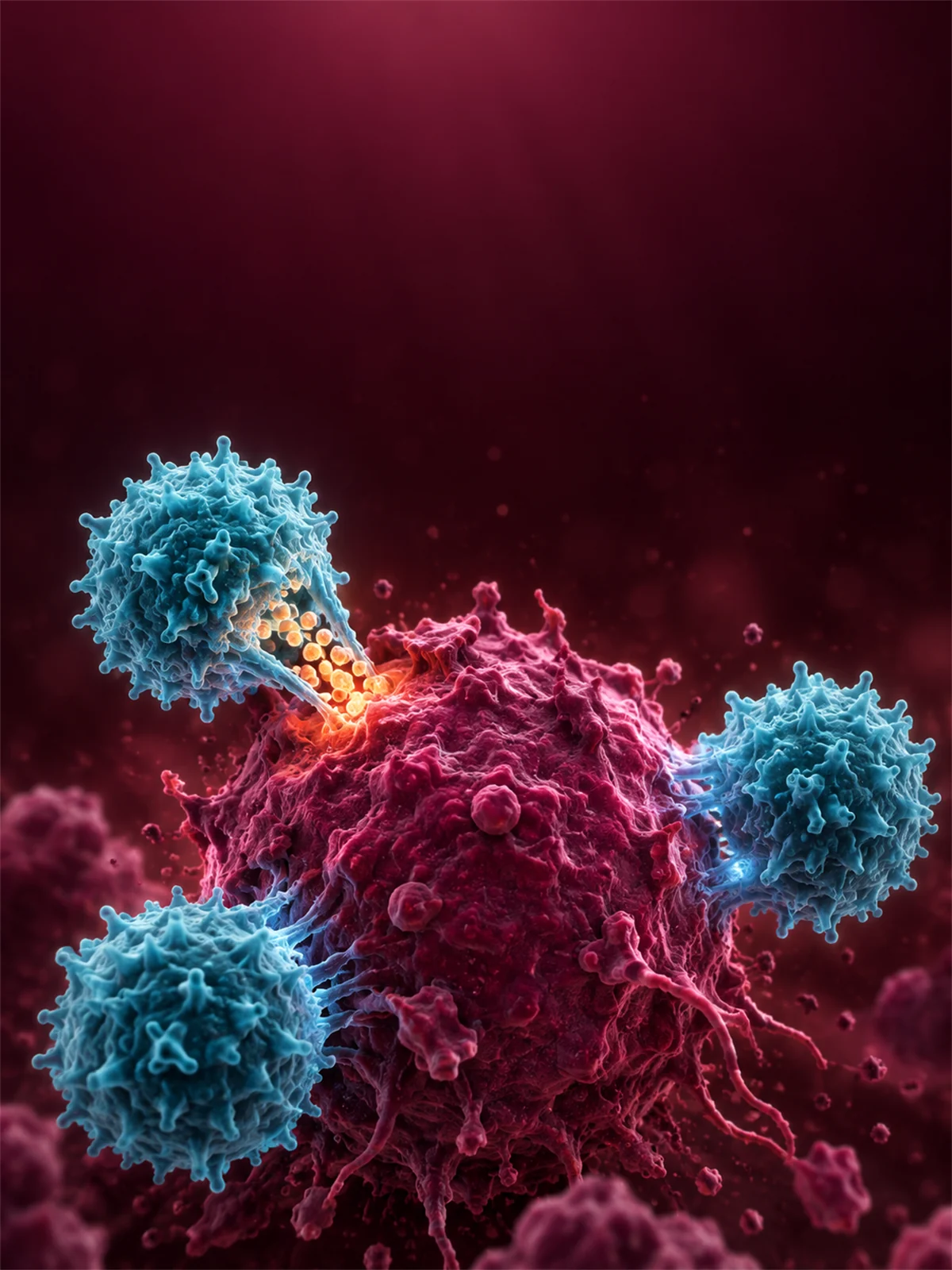 Portrait journal cover art showing cytotoxic T cells attacking a tumor cell