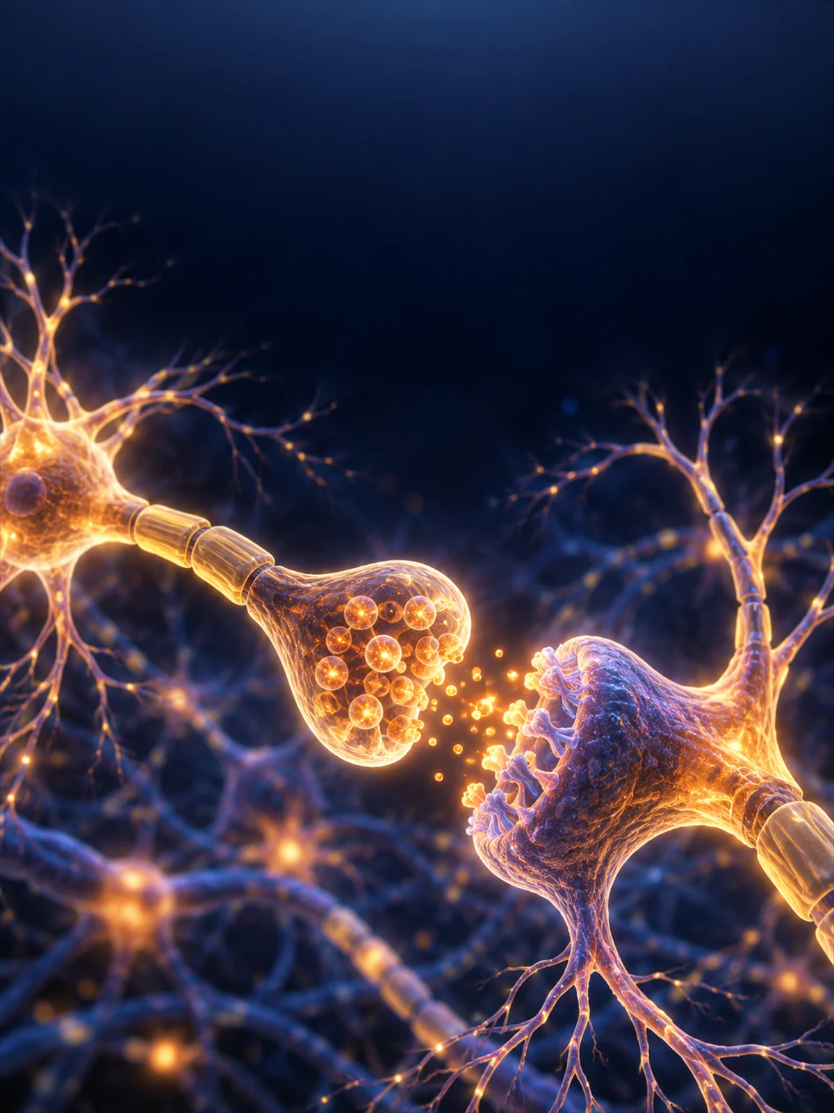 Portrait journal cover art showing luminous neurons and a synapse releasing neurotransmitter vesicles