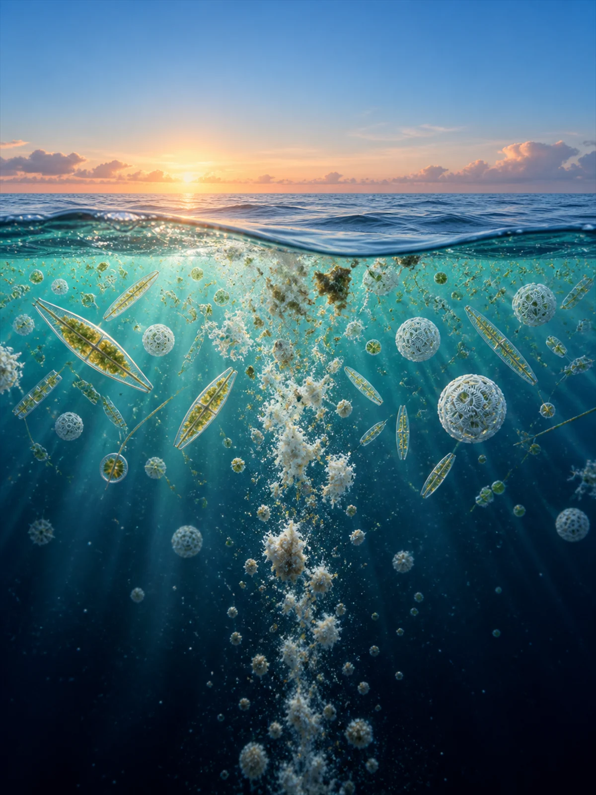 Portrait journal cover art showing ocean carbon uptake with plankton and a cross-section of the sea surface