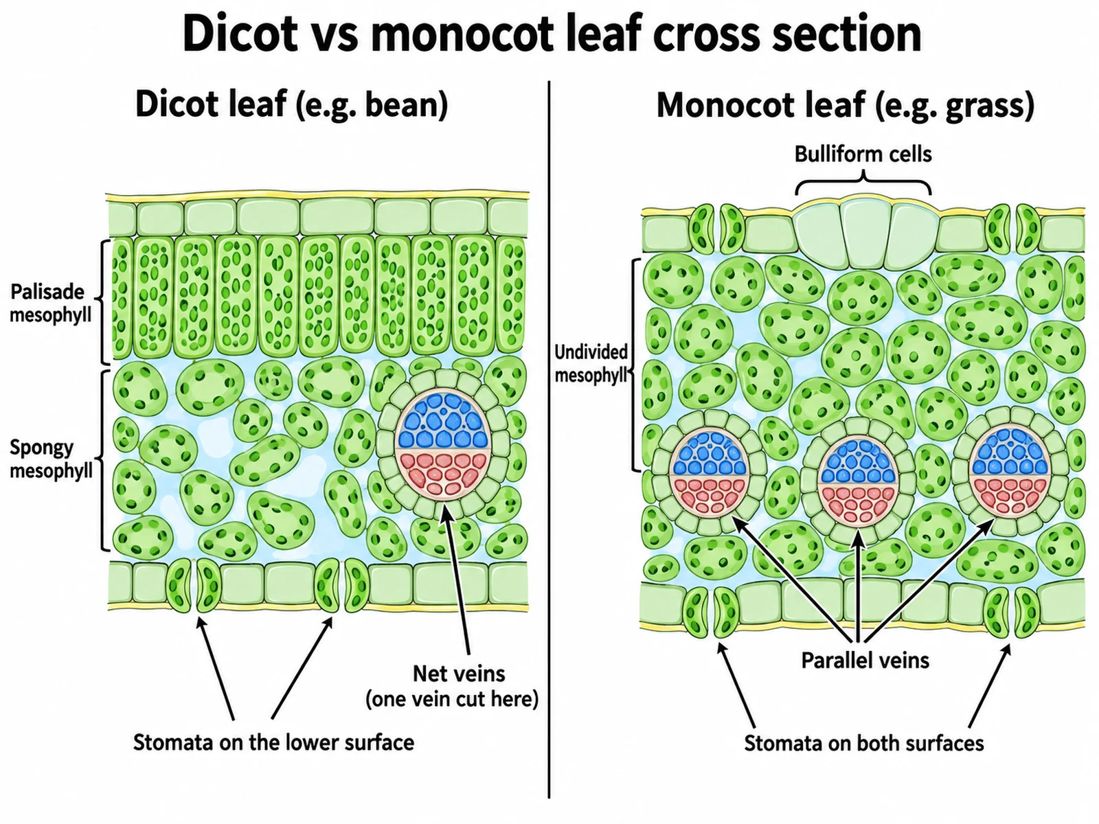 Dicot versus monocot leaf cross section comparing palisade and spongy layers with stomata underneath against undivided mesophyll with stomata on both surfaces, bulliform cells, and a row of parallel veins