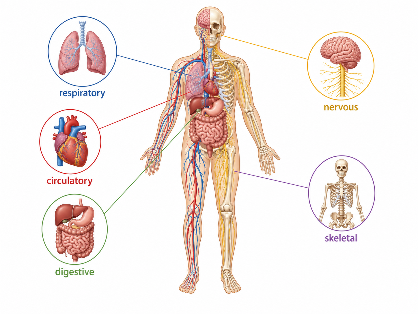 Body system overview medical illustration with respiratory, circulatory, digestive, nervous, and skeletal highlights