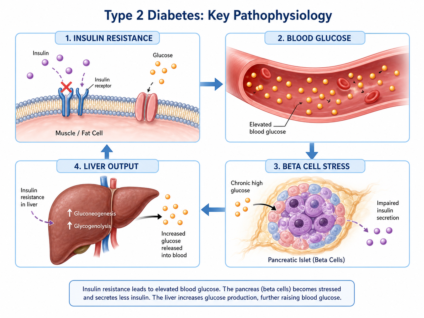 Medical pathology illustration showing insulin resistance, elevated blood glucose, beta-cell stress, and liver glucose output