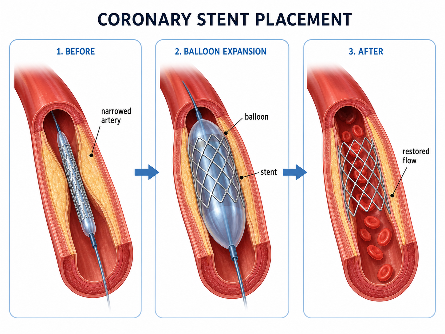 Medical device placement illustration showing coronary stent placement before, during balloon expansion, and after restored blood flow