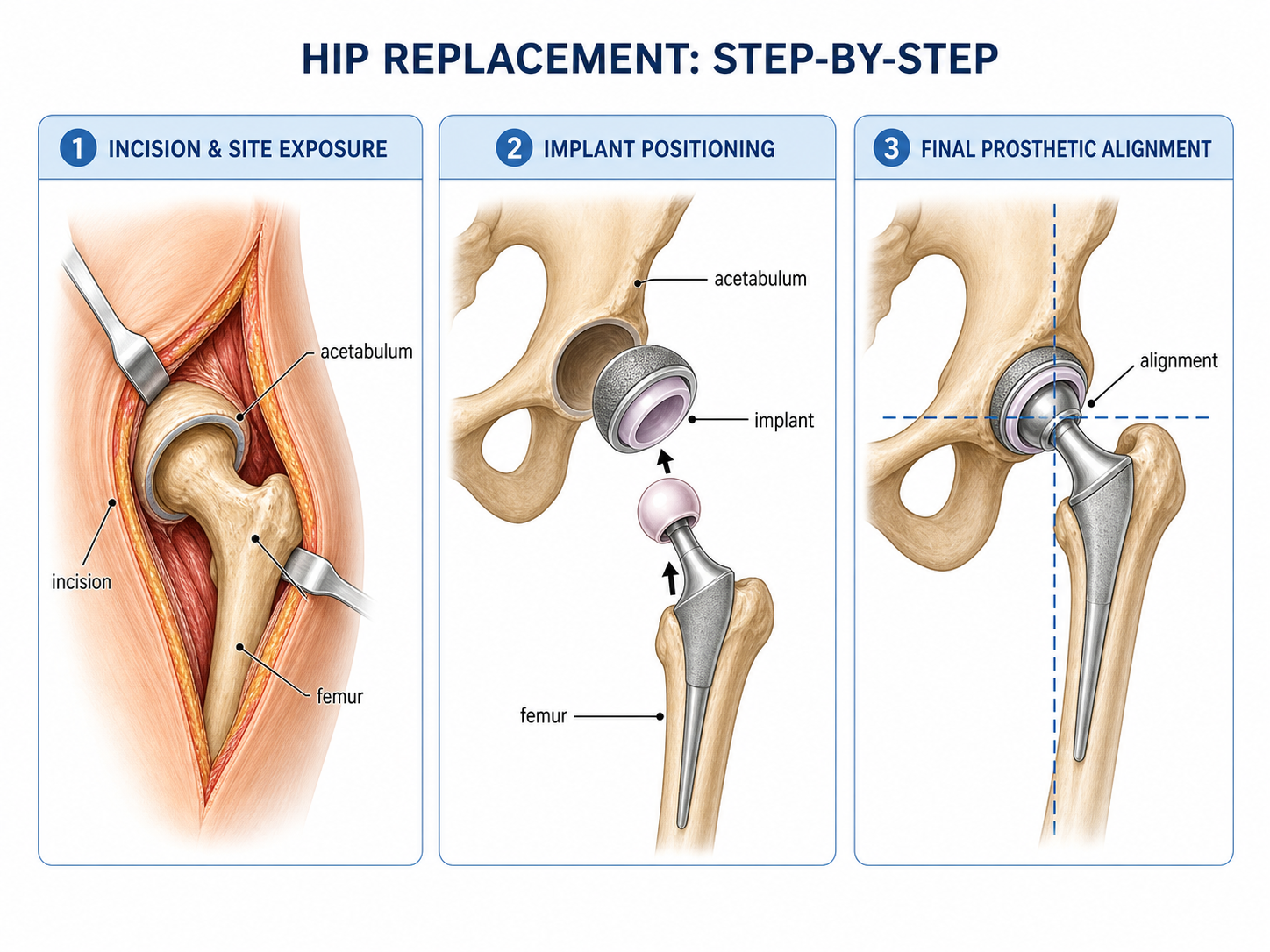 Step-by-step medical illustration of a hip replacement procedure with incision, acetabulum, implant positioning, and alignment labels