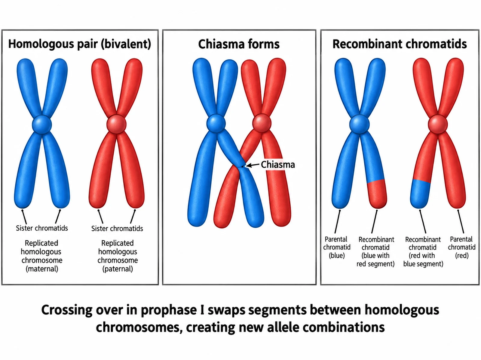 Magnified diagram of crossing over in prophase I showing a bivalent, chiasma, and recombinant chromatids