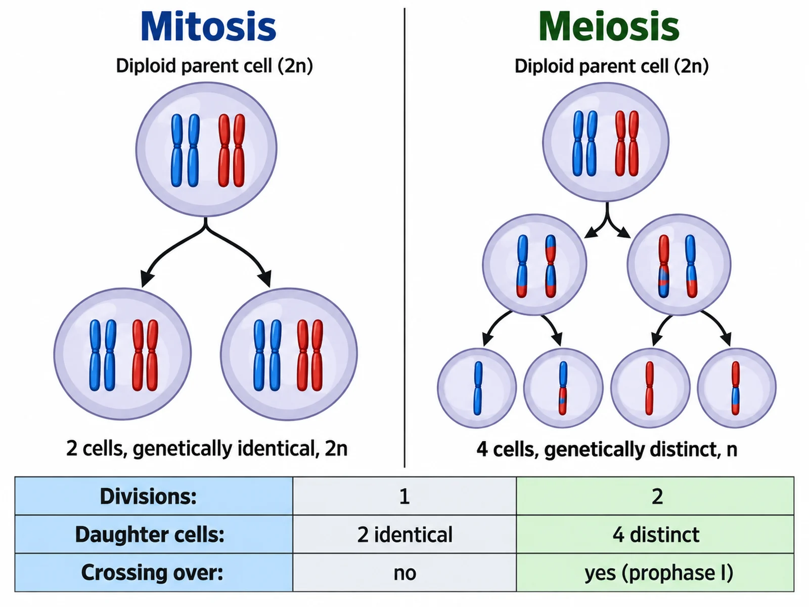 Side-by-side comparison of mitosis producing two identical diploid cells and meiosis producing four distinct haploid cells