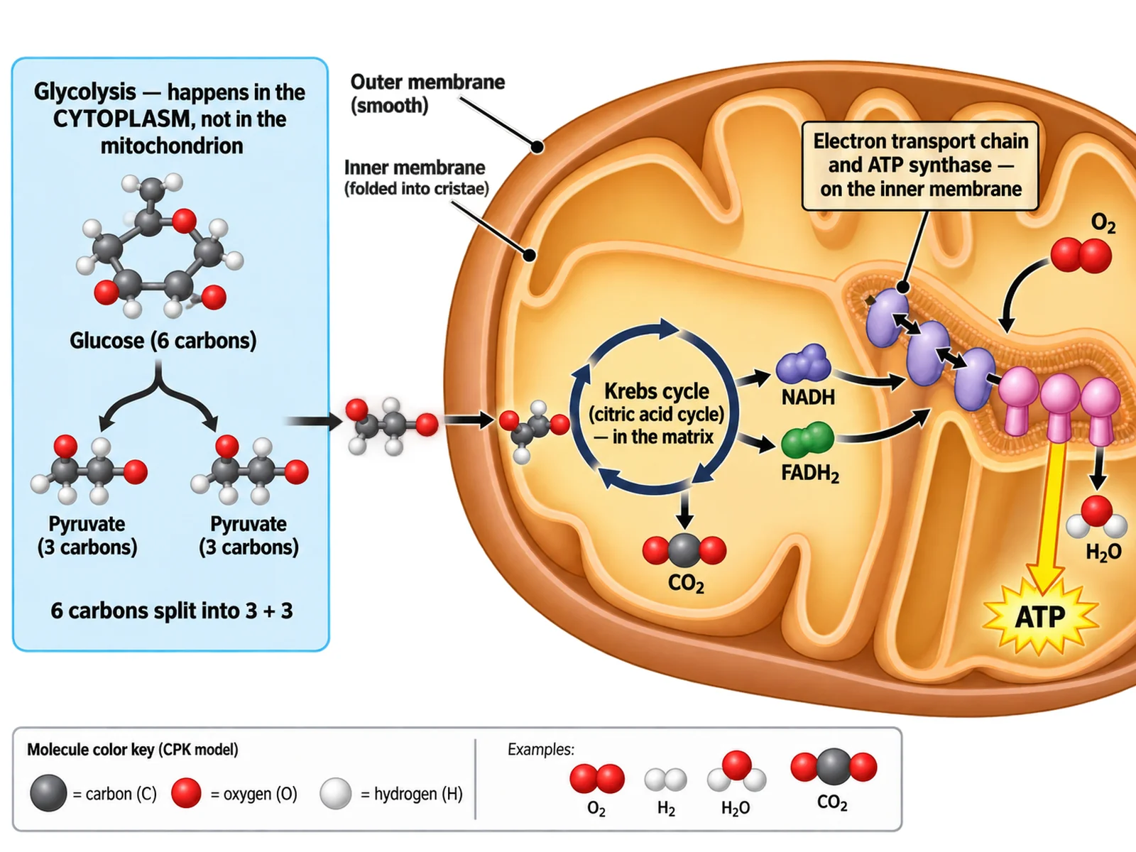 Diagram tracing glucose from glycolysis in the cytoplasm to the Krebs cycle in the matrix and the electron transport chain on the cristae