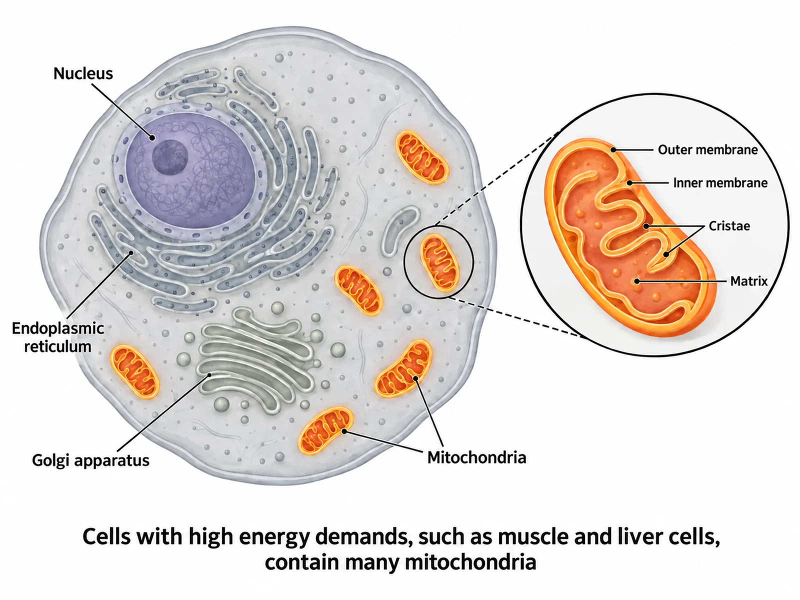 Animal cell diagram with several mitochondria highlighted in the cytoplasm alongside a magnified callout of one organelle