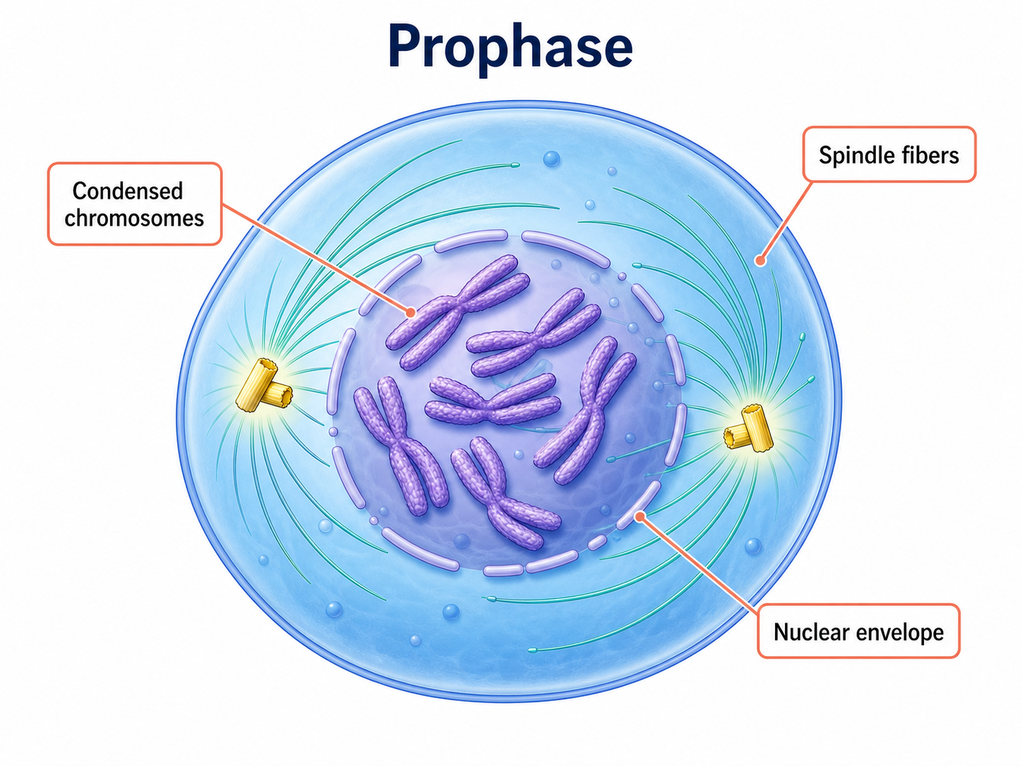 Prophase mitosis diagram with condensed chromosomes, centrosomes, spindle fibers, and nuclear envelope changes
