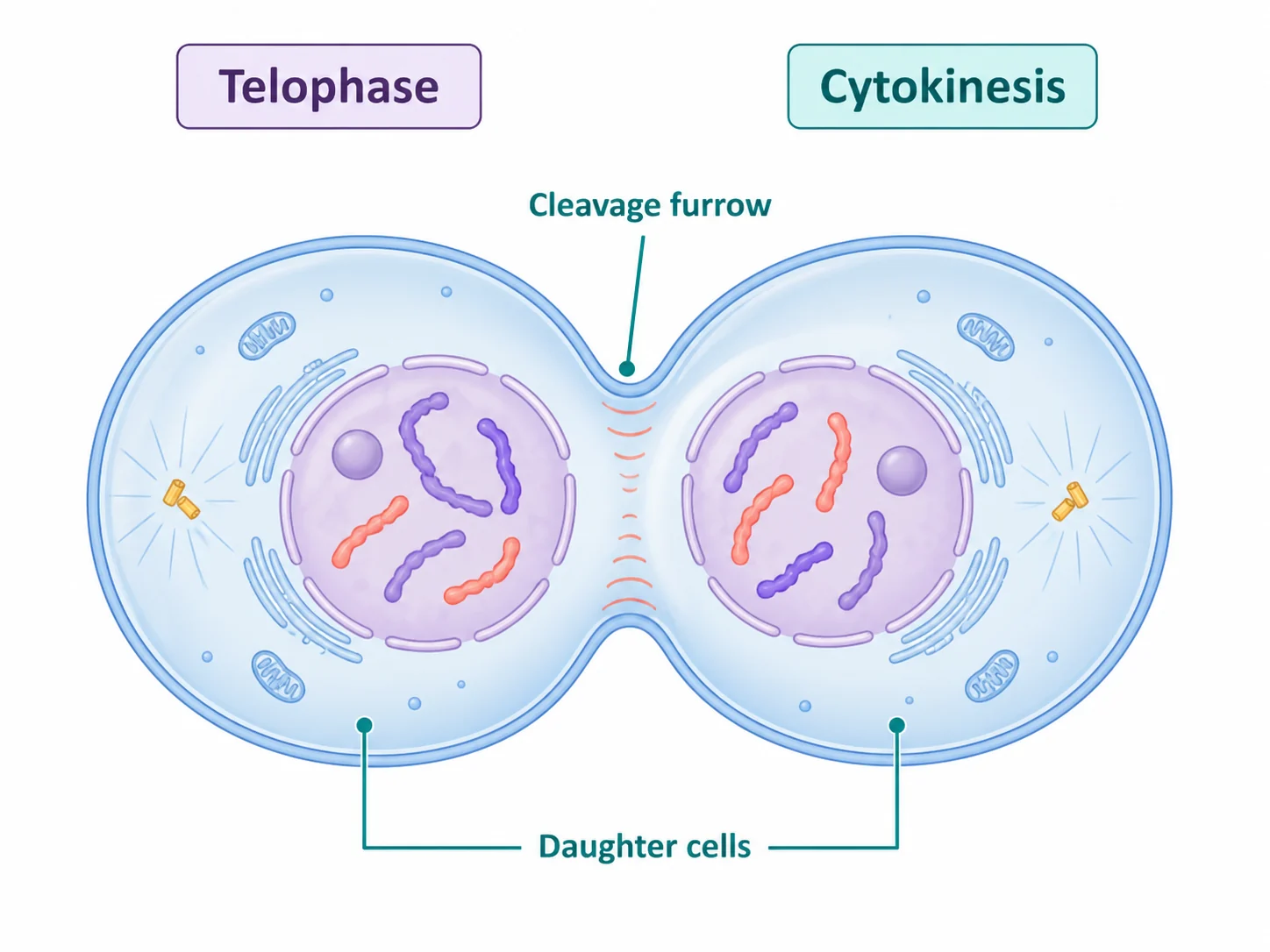 Schaubild von Telophase und Zytokinese: Neue Zellkerne und Tochterzellen entstehen