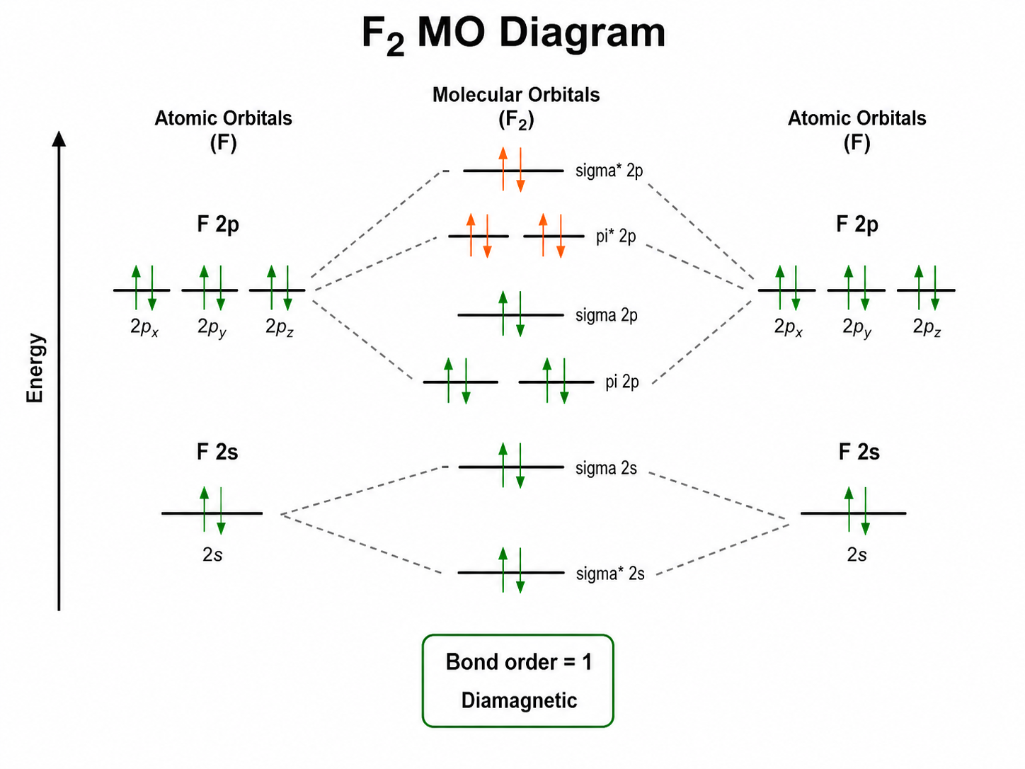Fluorine molecular orbital diagram with filled sigma and pi bonding orbitals, filled pi star antibonding orbitals, bond order 1, and paired electrons