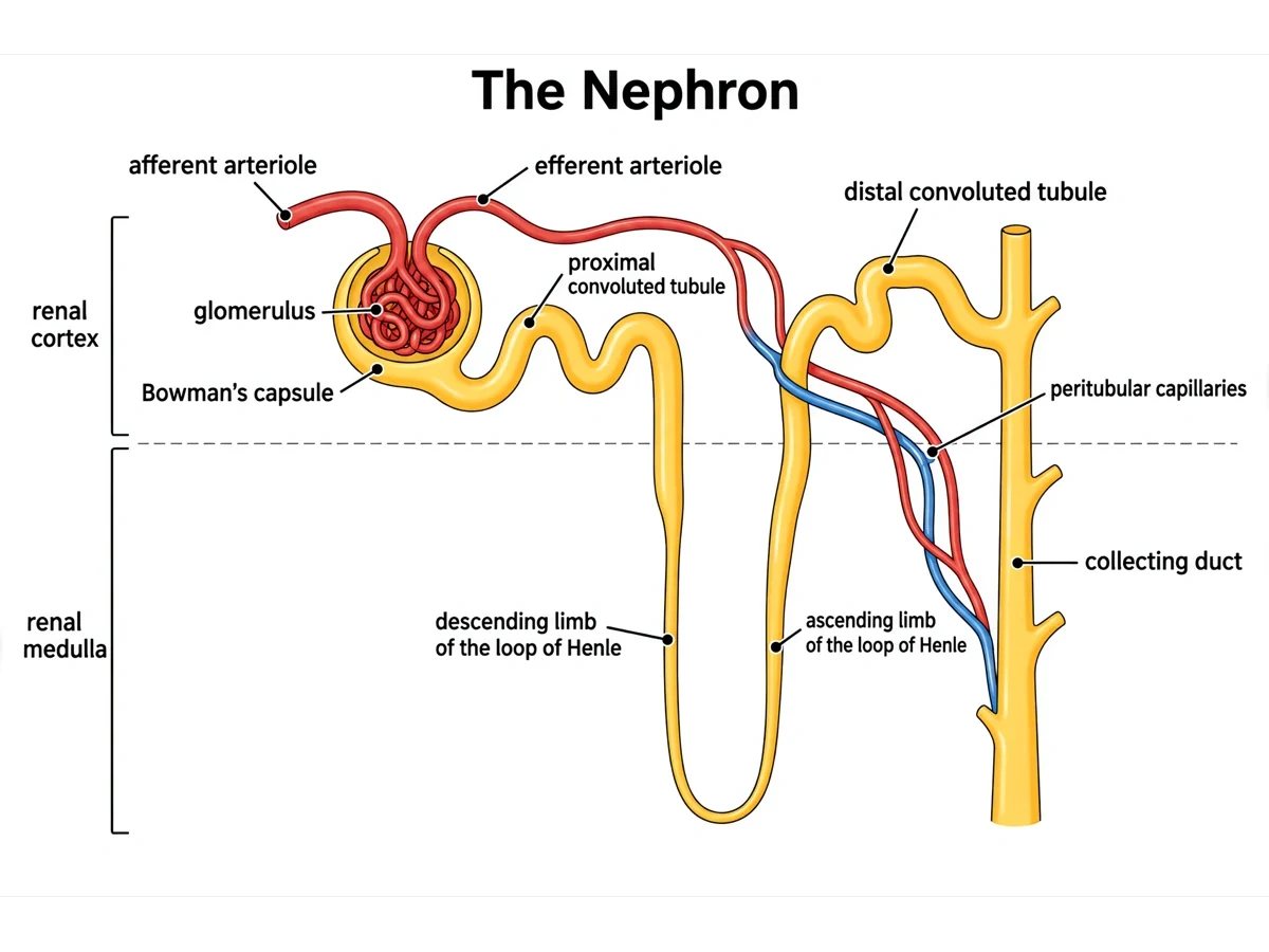 Answer key for the blank nephron worksheet: the same drawing with every line filled in, from the afferent arteriole and renal cortex to the collecting duct