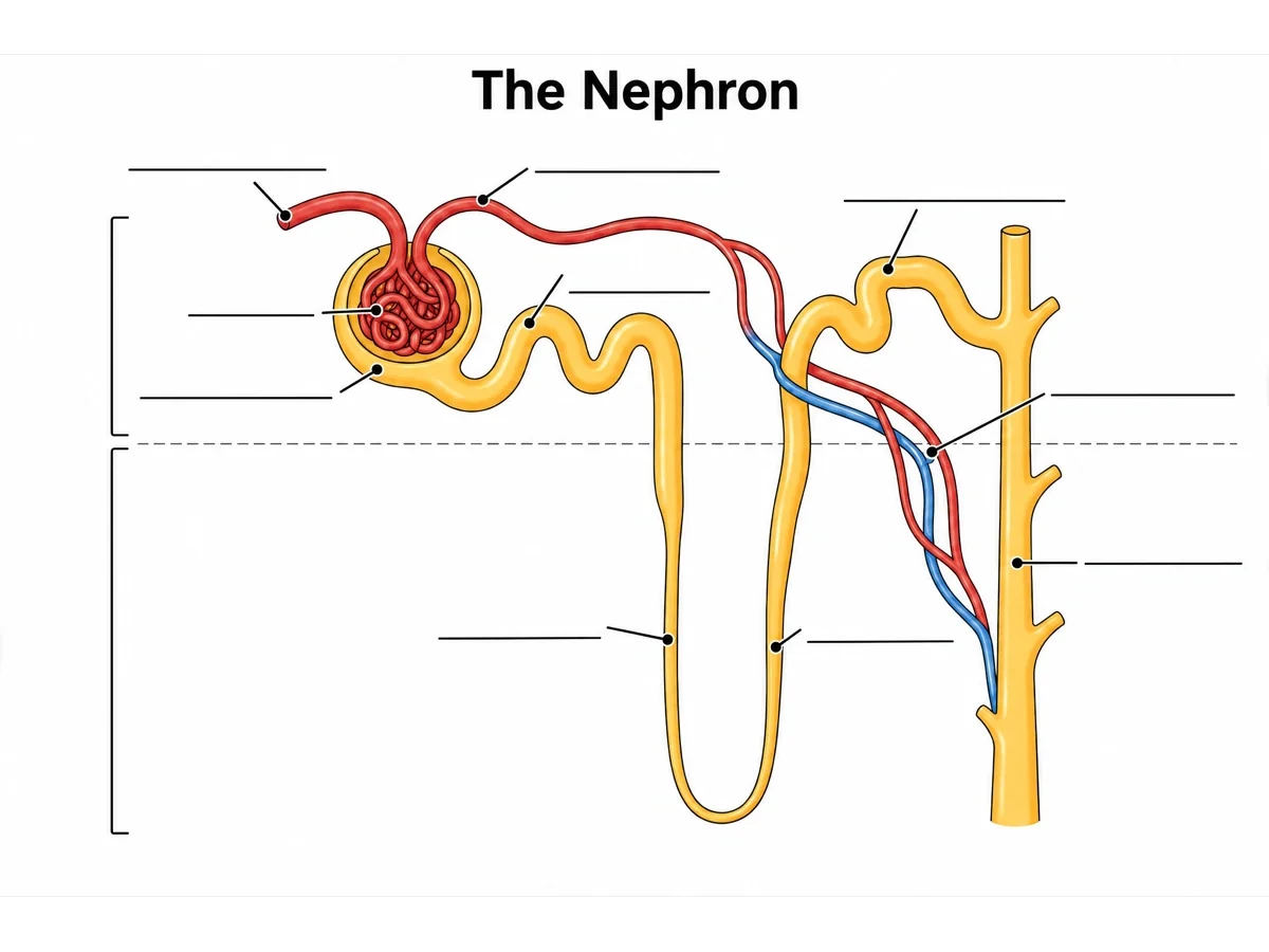 Unlabeled, blank nephron diagram worksheet with cortex and medulla brackets and ten leader lines ending at empty answer lines