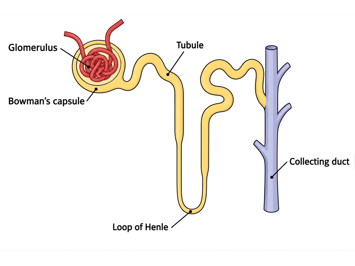 Simple nephron diagram with five labels: the glomerulus inside Bowman’s capsule, the tubule, the loop of Henle and the collecting duct