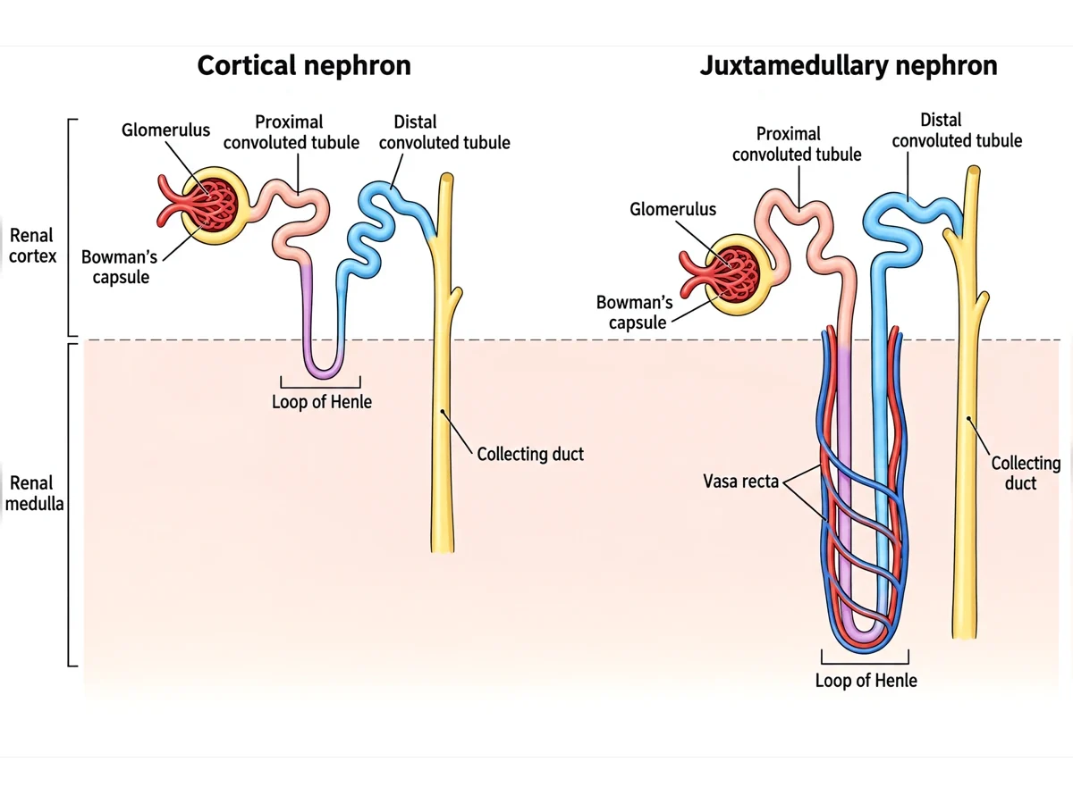 Cortical nephron with a short loop of Henle beside a juxtamedullary nephron with a long loop wrapped in vasa recta, each draining into a collecting duct across the renal cortex and medulla
