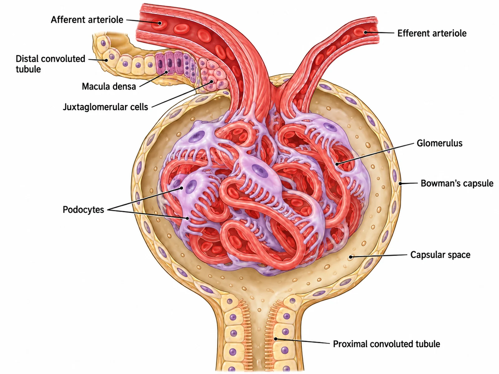 Labeled renal corpuscle close-up showing the glomerulus inside Bowman’s capsule, the wider afferent and narrower efferent arterioles, podocytes, the capsular space and the macula densa