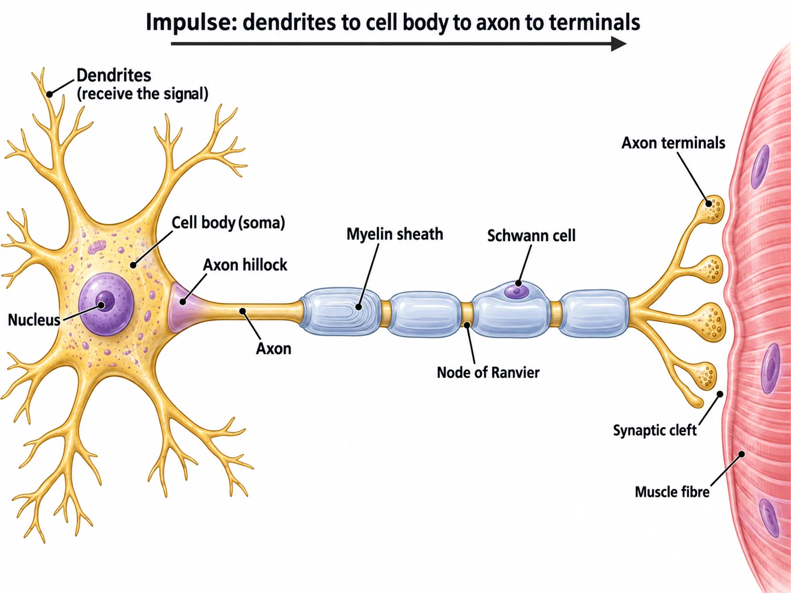 Labeled motor neuron diagram naming the dendrites, cell body, nucleus, axon hillock, axon, myelin sheath, Schwann cell, nodes of Ranvier, and axon terminals