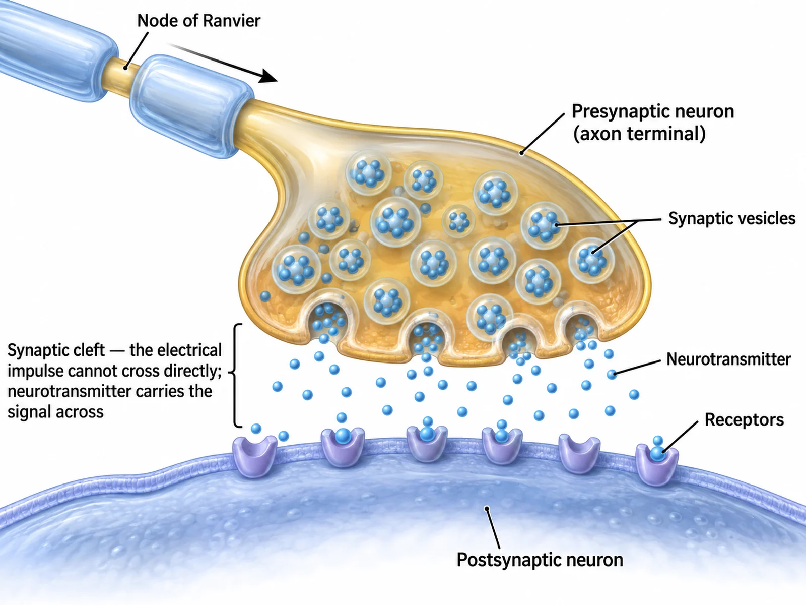 Close-up synapse diagram showing synaptic vesicles, neurotransmitter crossing the synaptic cleft, and receptors on the postsynaptic membrane