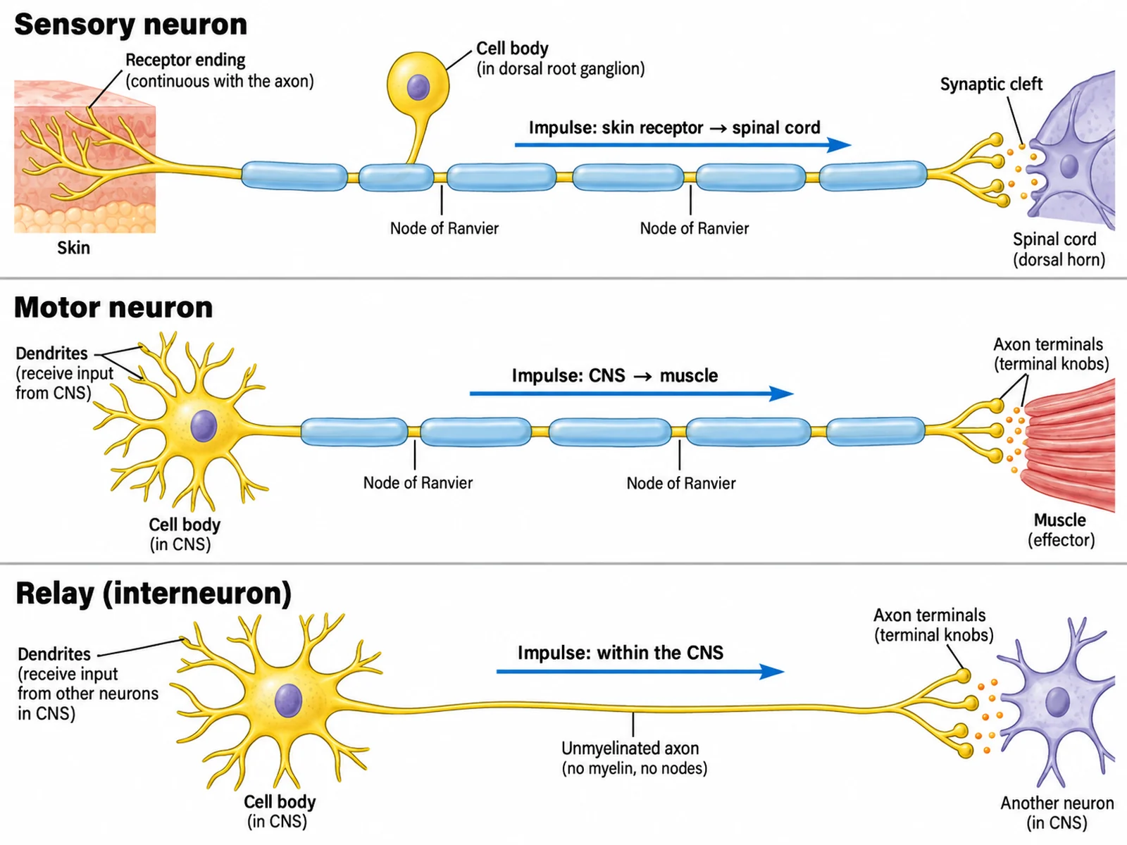 Comparison diagram of sensory, motor, and relay neurons showing cell body position, myelination, and direction of the impulse