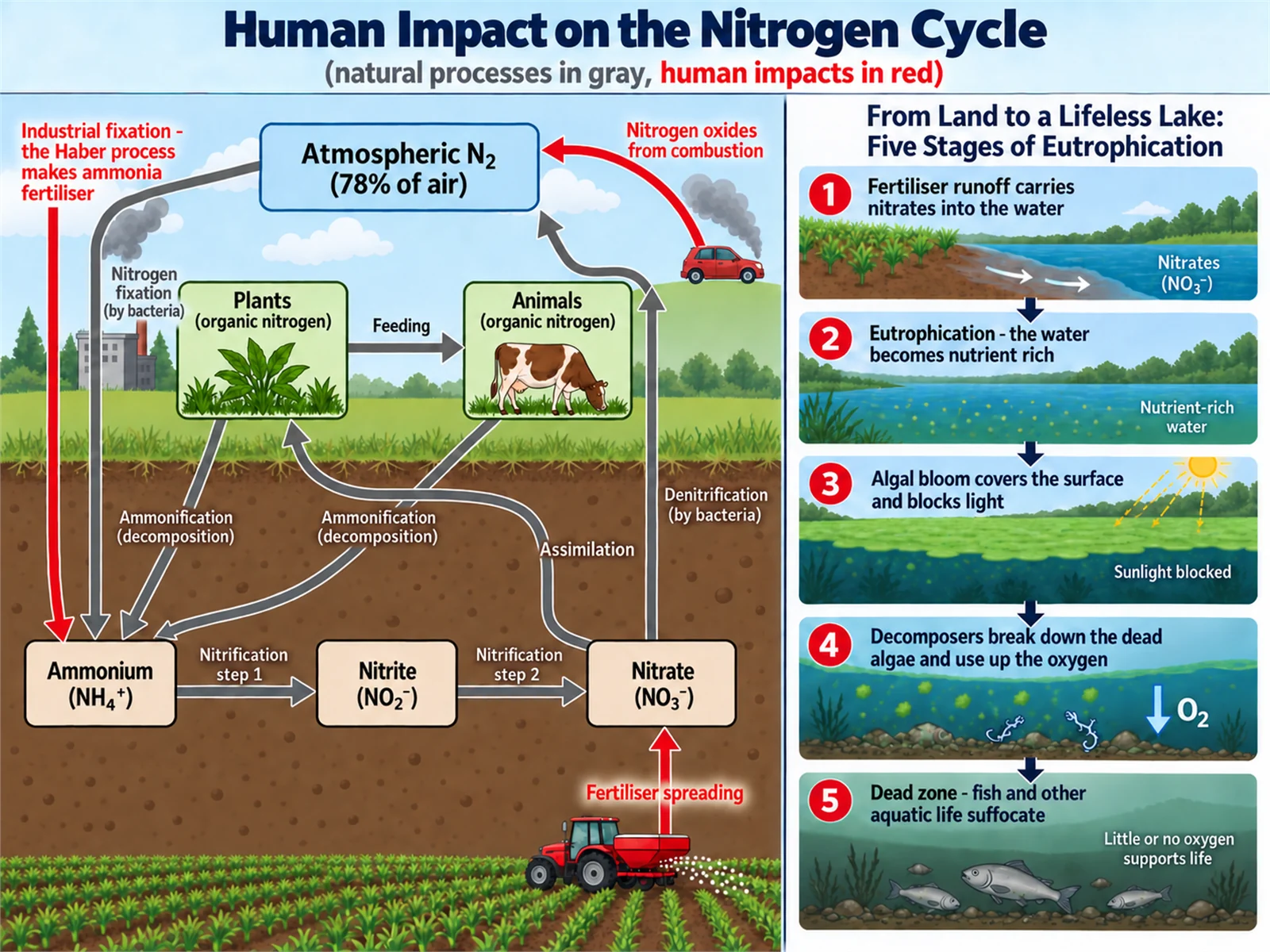 Nitrogen cycle diagram highlighting fertiliser runoff, eutrophication, algal bloom, and an oxygen-depleted dead zone