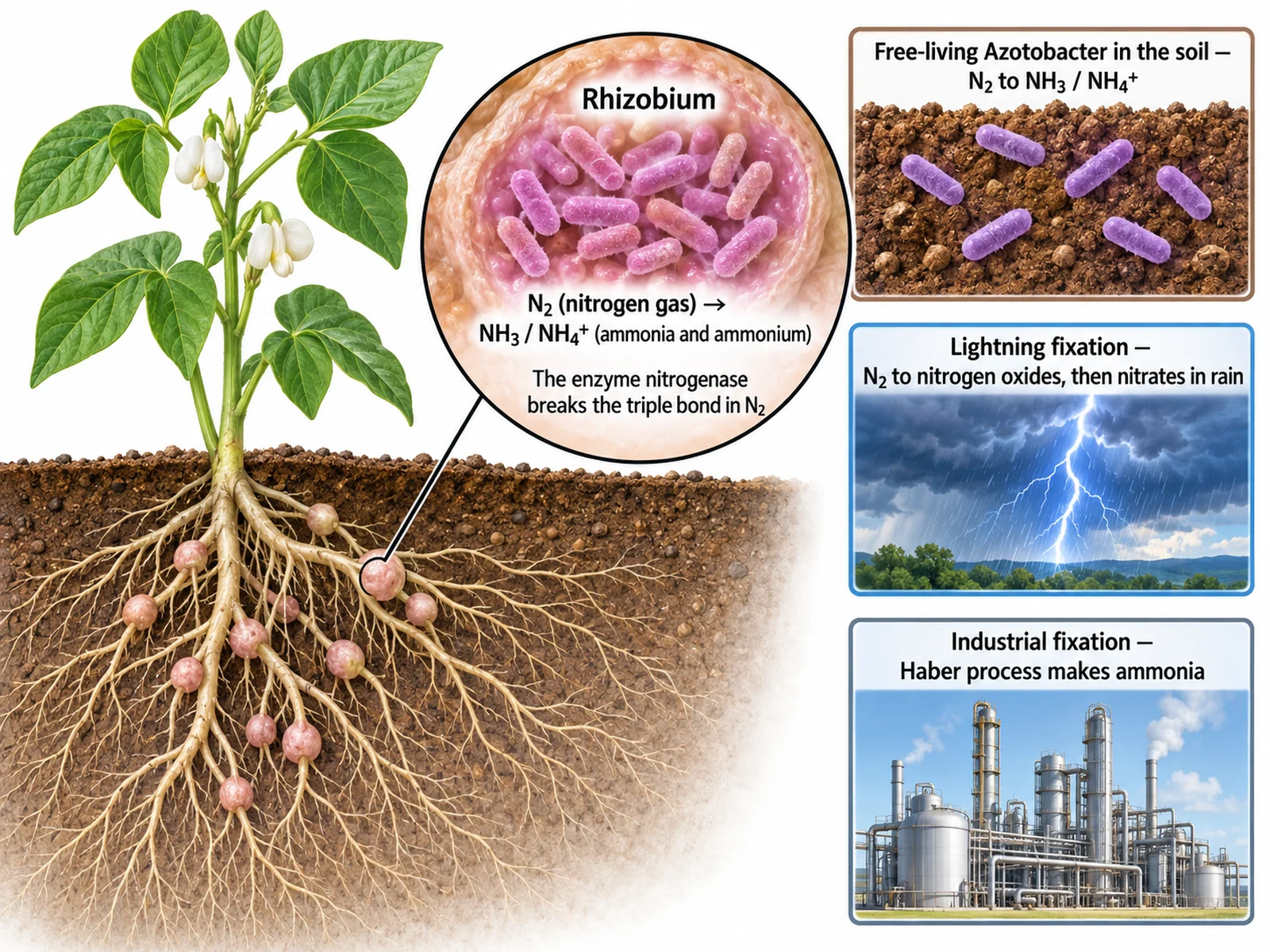 Close-up diagram of a legume root system with Rhizobium bacteria inside root nodules converting nitrogen gas to ammonium