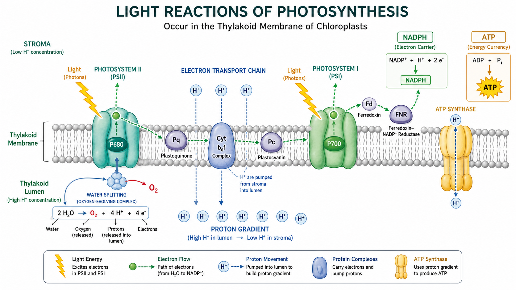 Photosynthesis process diagram focused on light reactions with thylakoid membrane, water splitting, oxygen release, electron flow, ATP, and NADPH labels