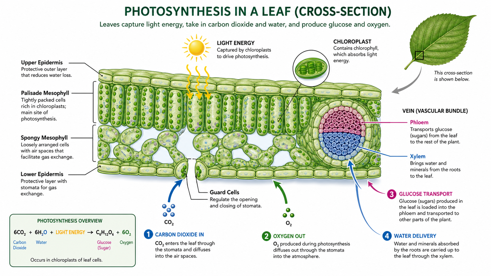 Leaf cross-section photosynthesis diagram with epidermis, mesophyll, chloroplasts, stomata, xylem, phloem, CO2, oxygen, water, and glucose labels