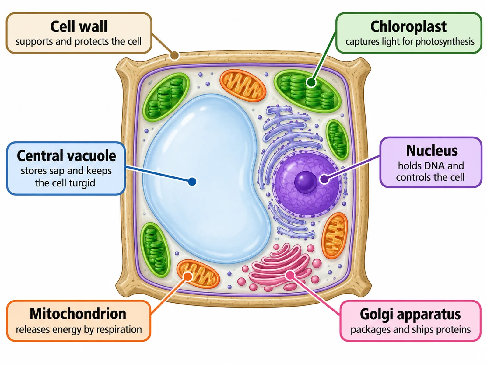 Plant cell diagram with callout cards describing the function of each labeled organelle