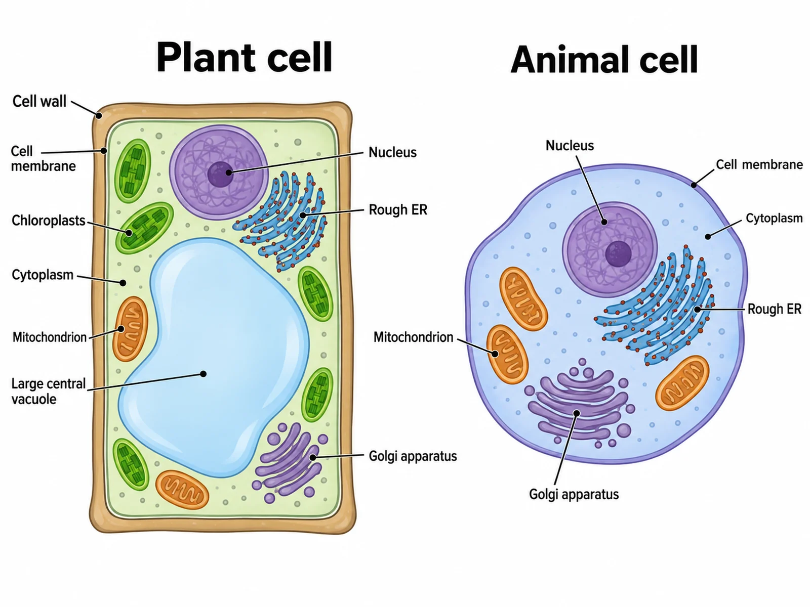 Side-by-side comparison of a labeled plant cell and a labeled animal cell showing the cell wall, chloroplasts, and central vacuole as plant-only structures