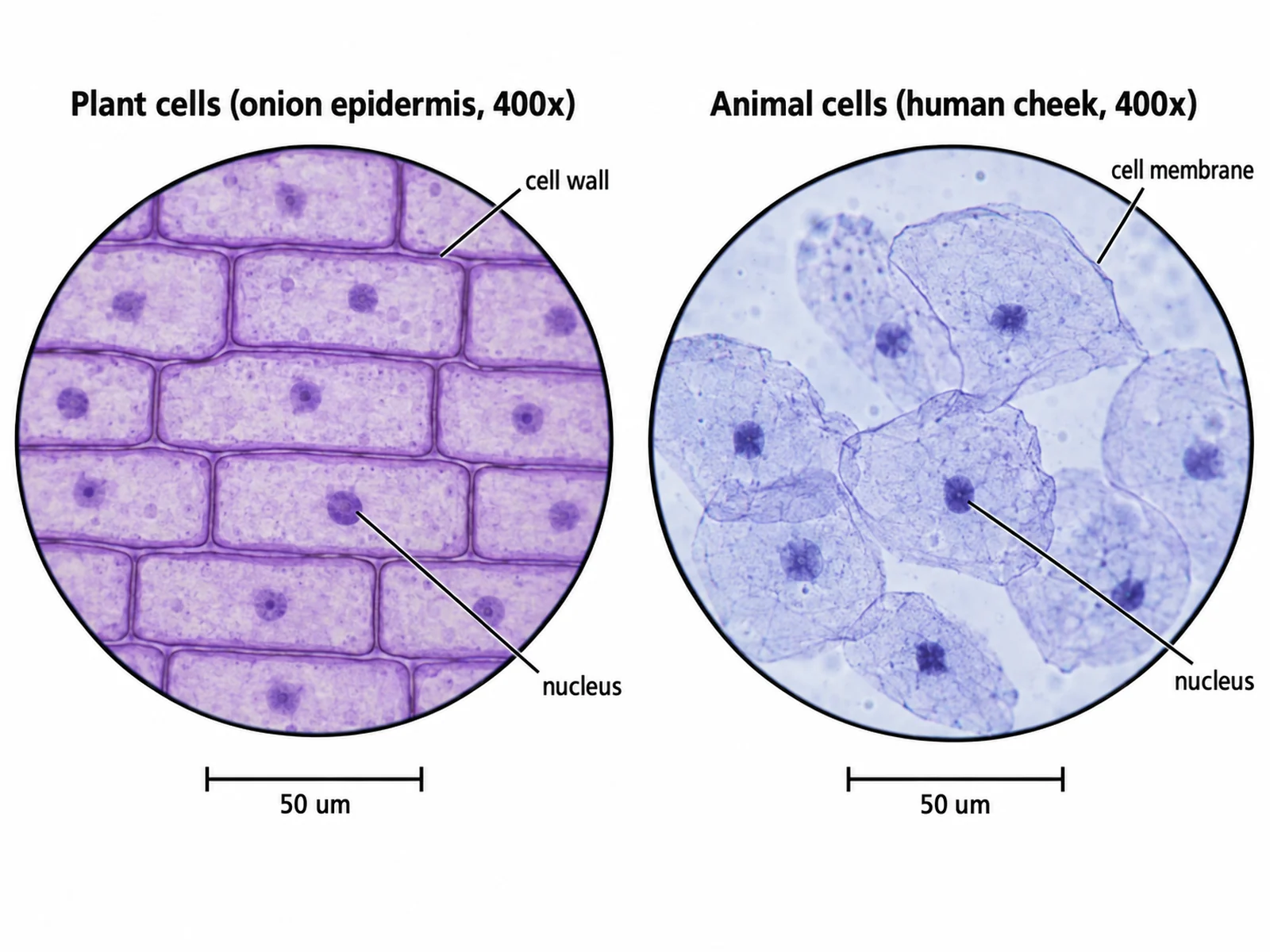 Microscope view comparing tessellating plant cells with thick walls and rounded overlapping animal cheek cells