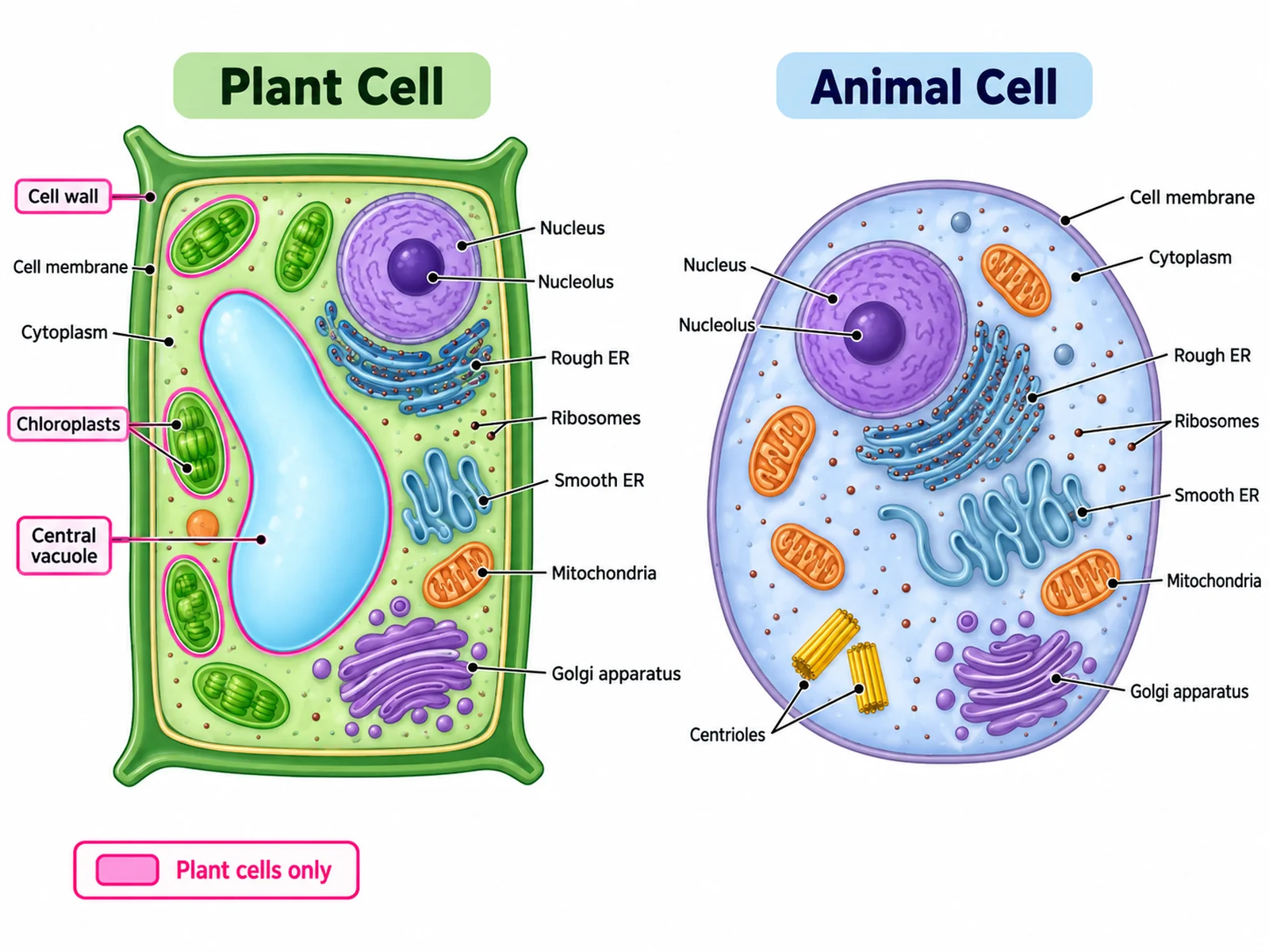 Side-by-side labeled plant cell and animal cell with the three plant-only structures highlighted
