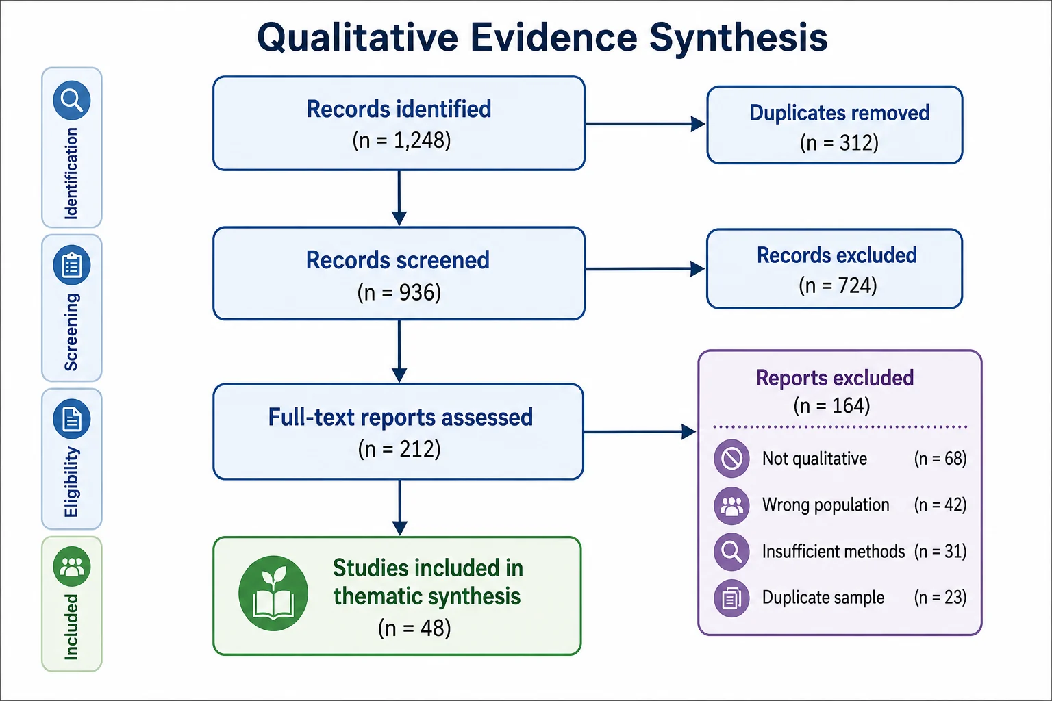 PRISMA-Flussdiagramm für eine qualitative Evidenzsynthese mit Screening-Zahlen und den in die thematische Synthese eingeschlossenen Studien