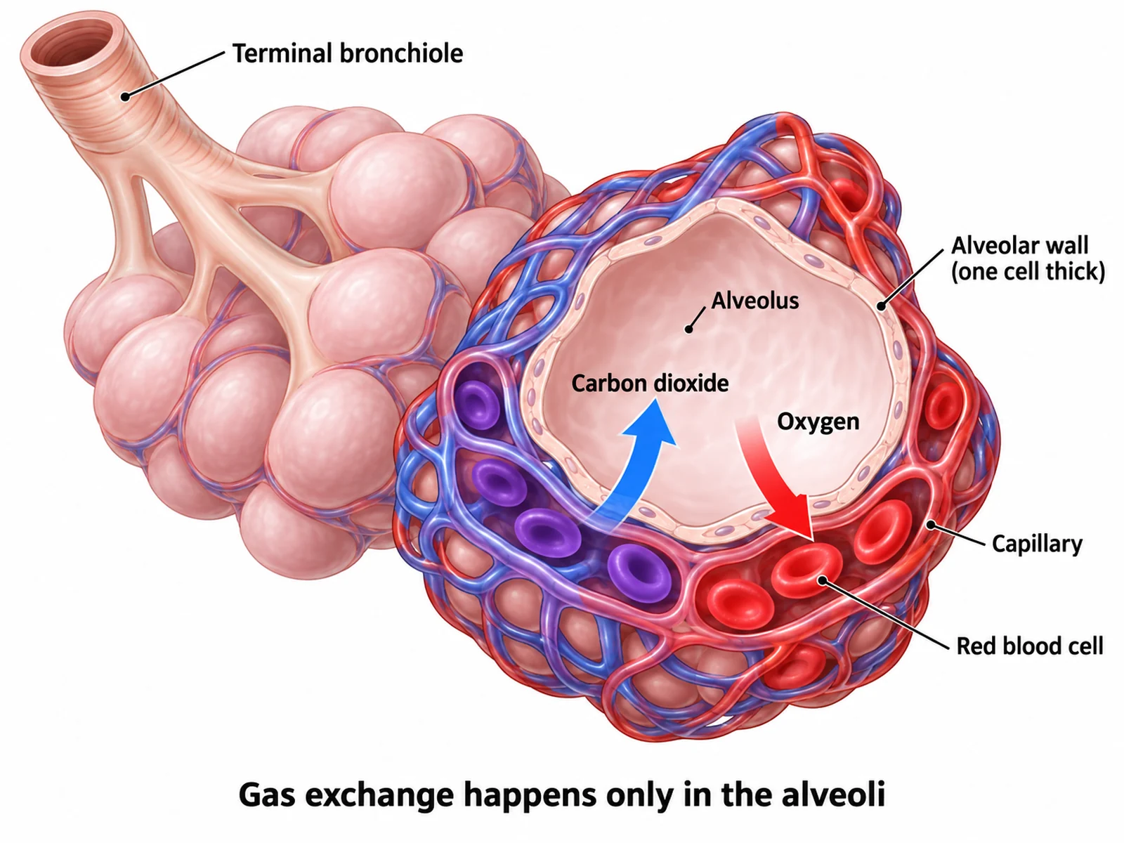 Magnified alveoli diagram showing a capillary network with oxygen diffusing into the blood and carbon dioxide diffusing out