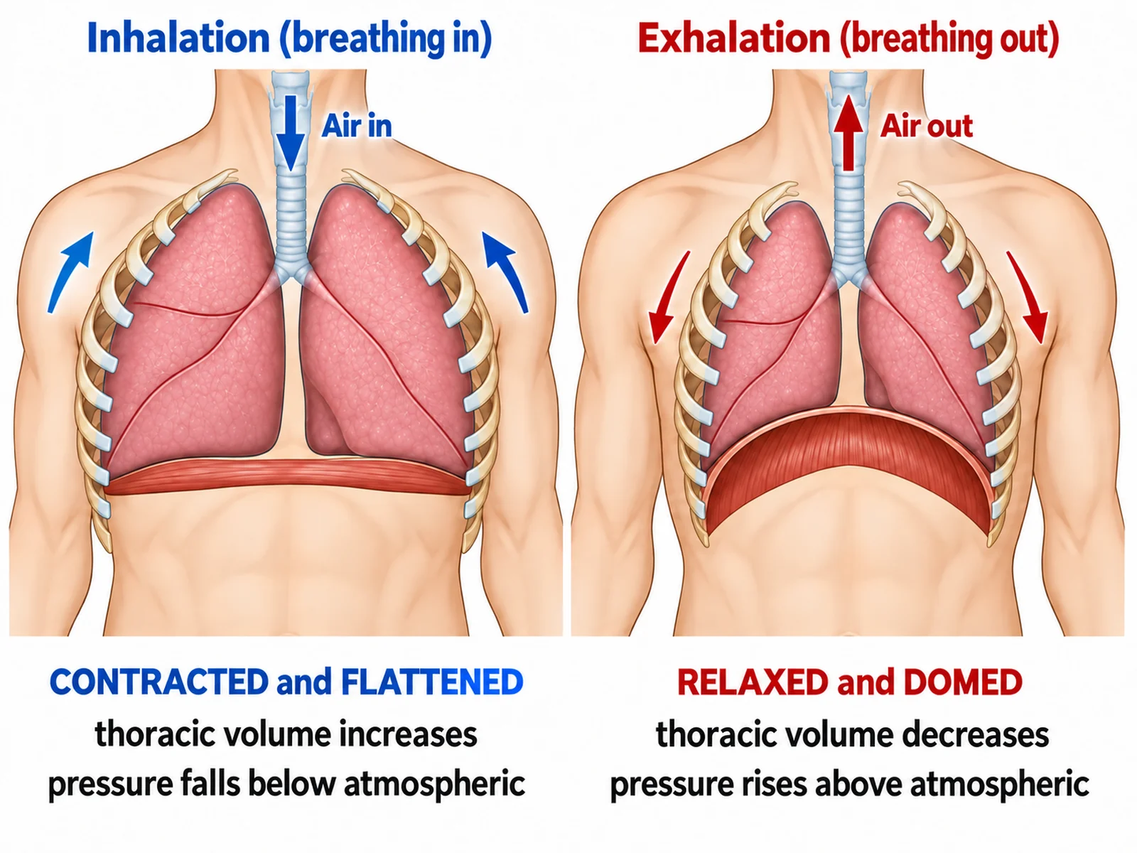 Two-panel breathing mechanism diagram contrasting a flattened contracted diaphragm during inhalation with a domed relaxed diaphragm during exhalation