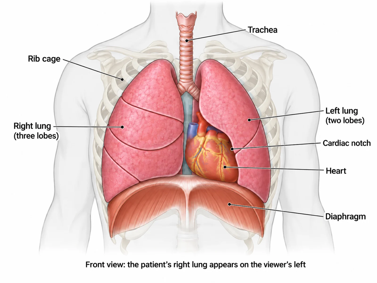Front-facing torso diagram showing the lungs in position with the heart in the cardiac notch of the two-lobed left lung