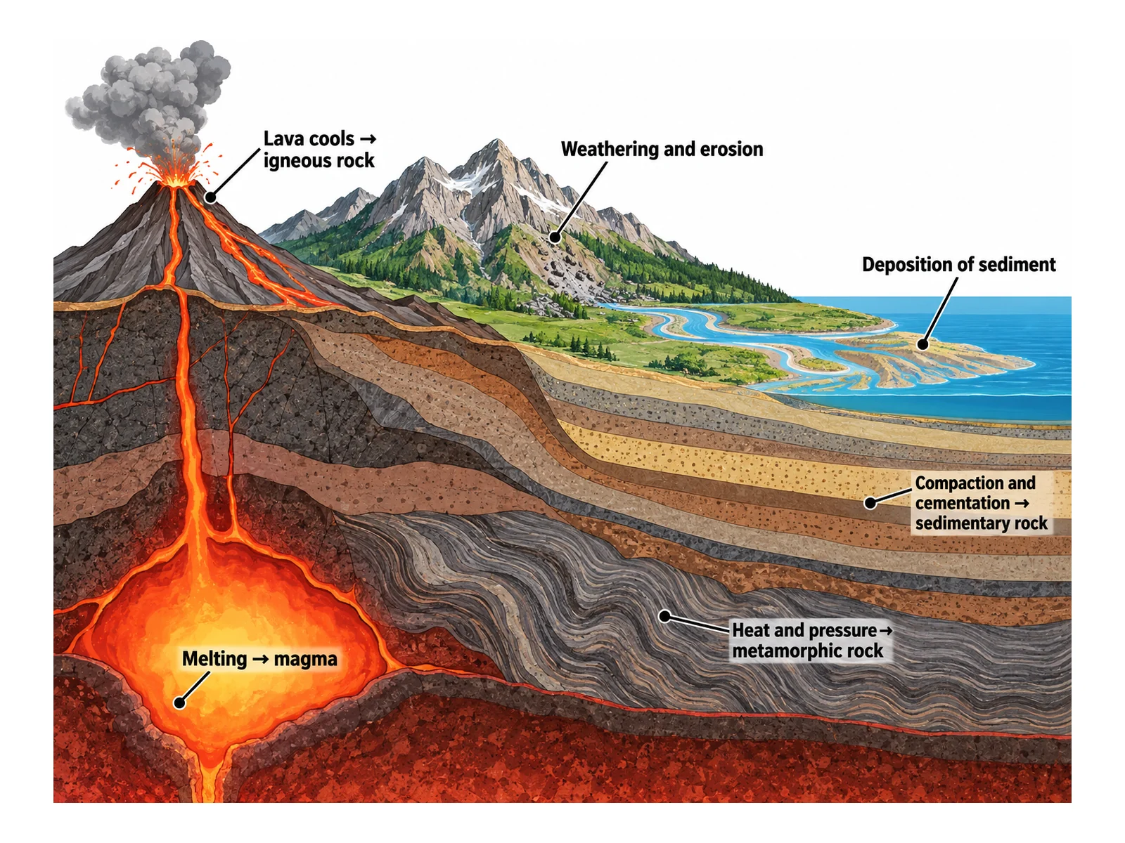 Rock cycle shown in a cross-section landscape with a volcano, eroding mountains, a river delta, and rock forming underground