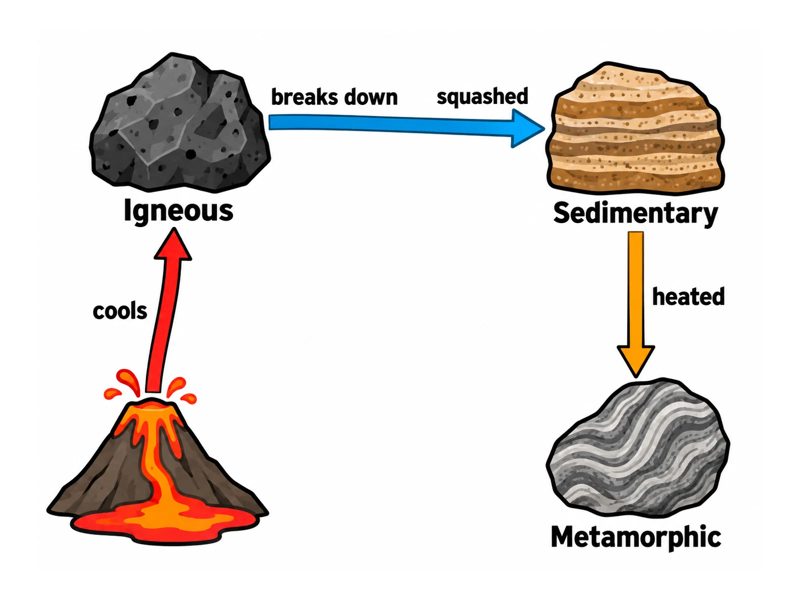 Simple rock cycle drawing for younger students labeling only igneous, sedimentary, and metamorphic rock with plain process arrows