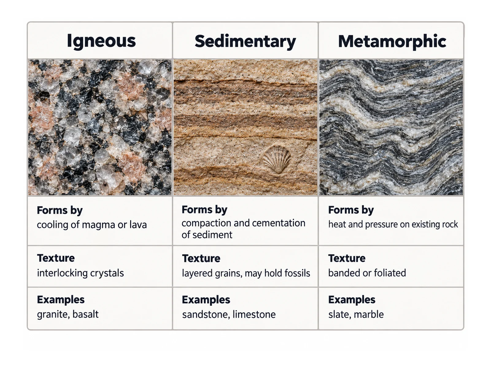 Comparison card of igneous, sedimentary, and metamorphic rock showing how each forms, its texture, and example rocks