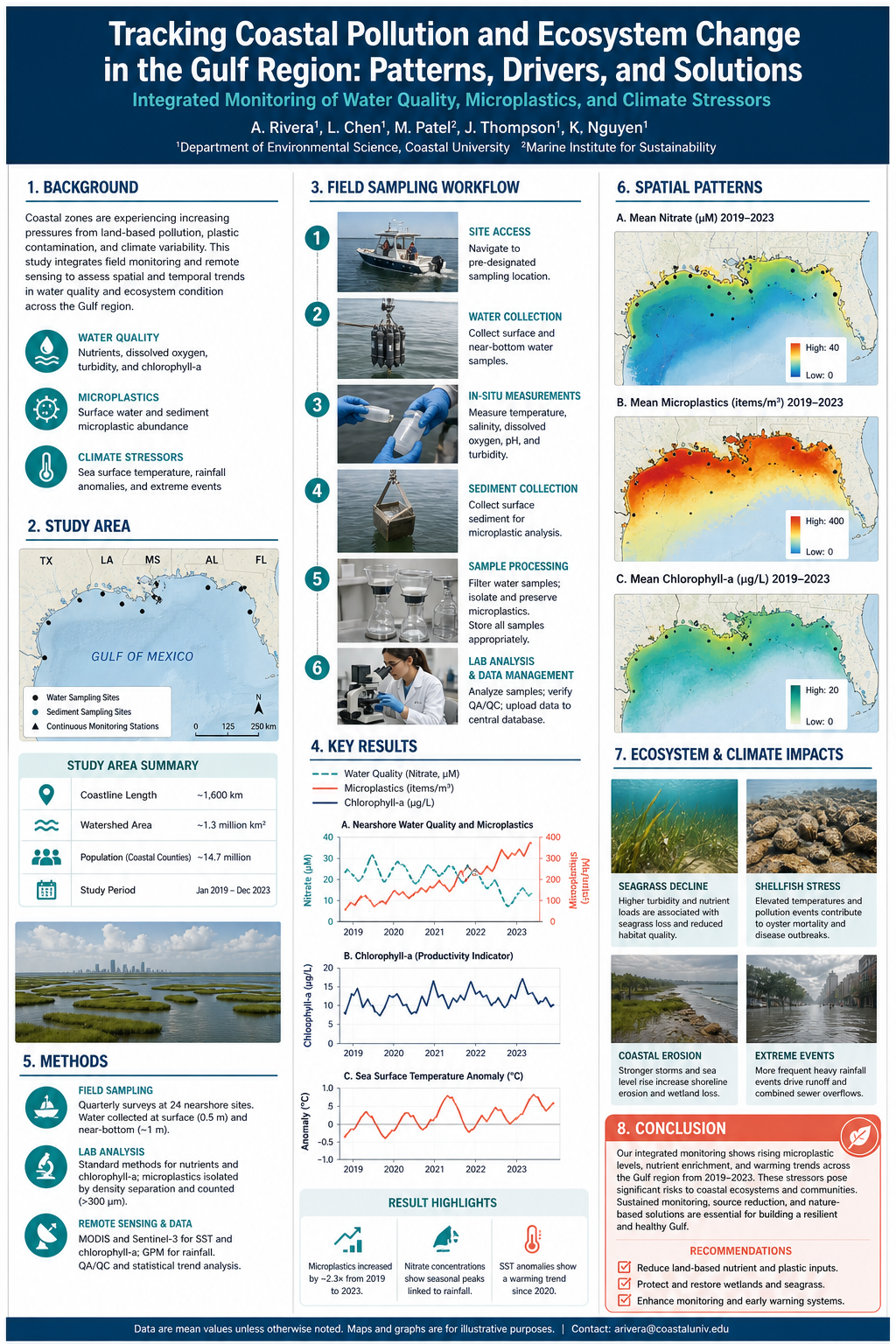 Environmental science poster with field sampling workflow, pollution trends, regional maps, results charts, and conclusion box