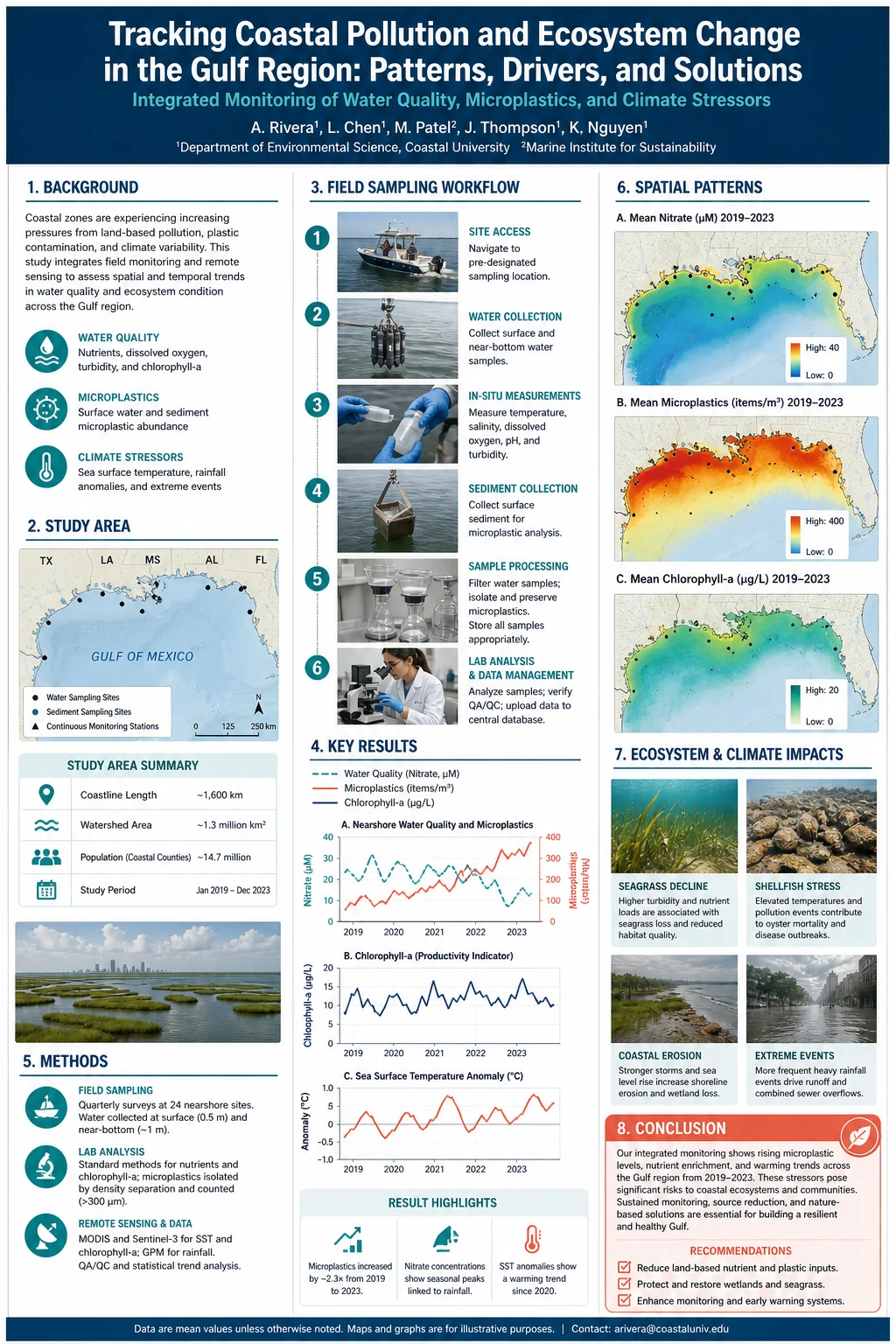 Umweltwissenschaftliches Poster mit Probenahme im Feld, Schadstofftrends, Regionalkarten, Ergebnisdiagrammen und Fazitfeld