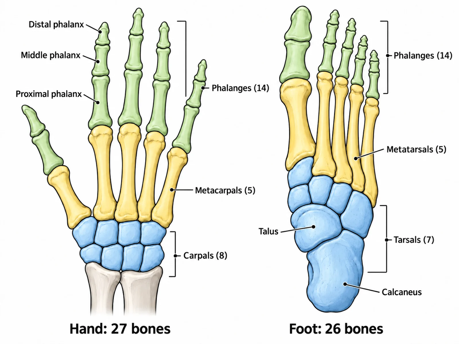 Labeled hand and foot bones diagram showing the 8 carpals, 5 metacarpals, and 14 phalanges of the hand and the 7 tarsals, 5 metatarsals, and 14 phalanges of the foot